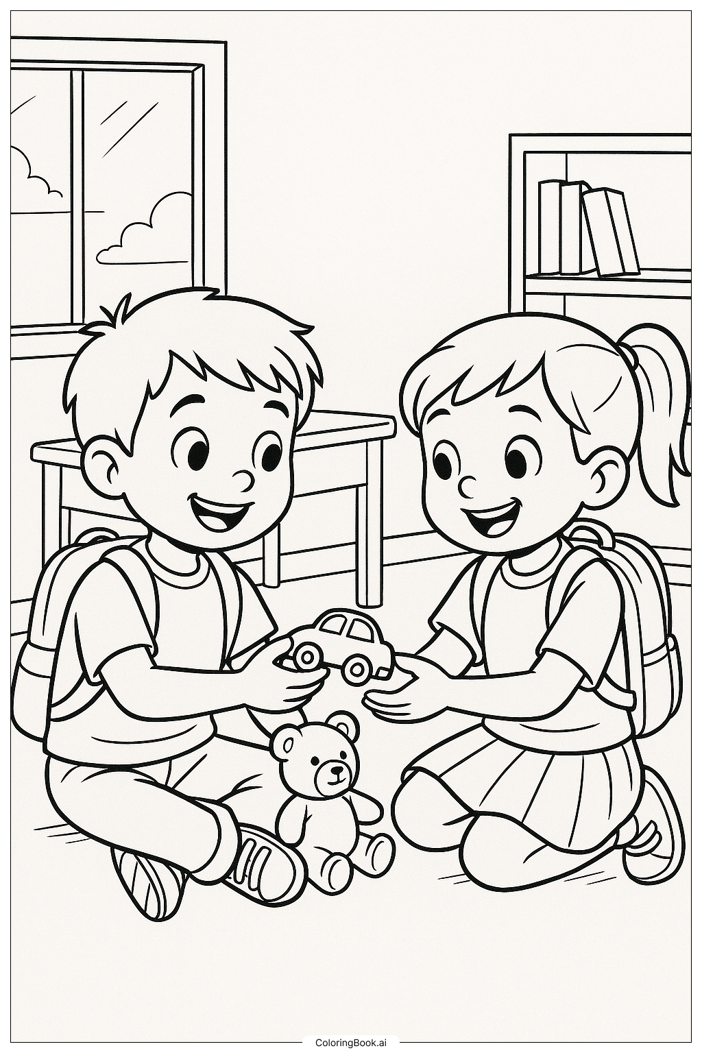  Page de coloriage Partager des jouets le premier jour d'école 