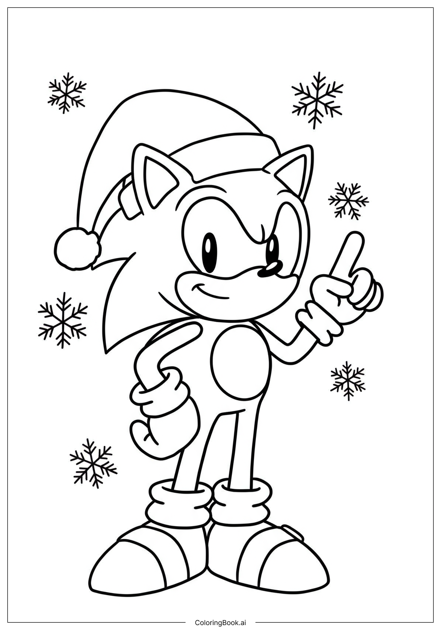  Page de coloriage Sonic portant un chapeau de Noël avec des flocons de neige 