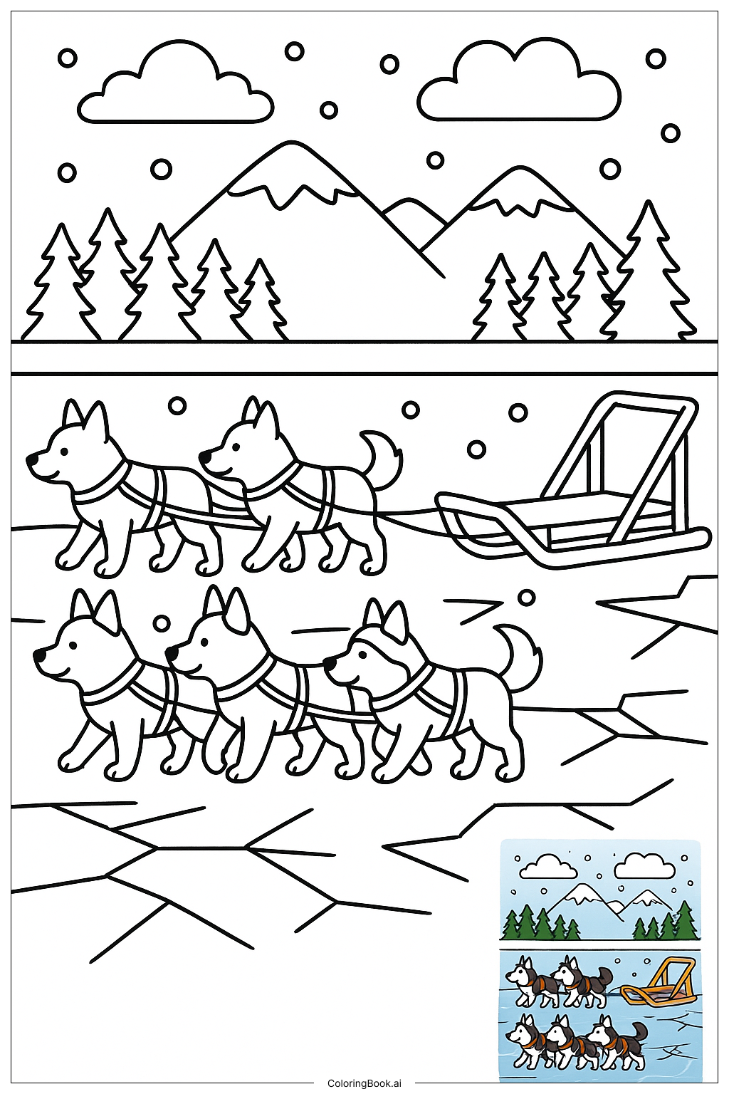  冰湖上的狗拉雪橇填色页 