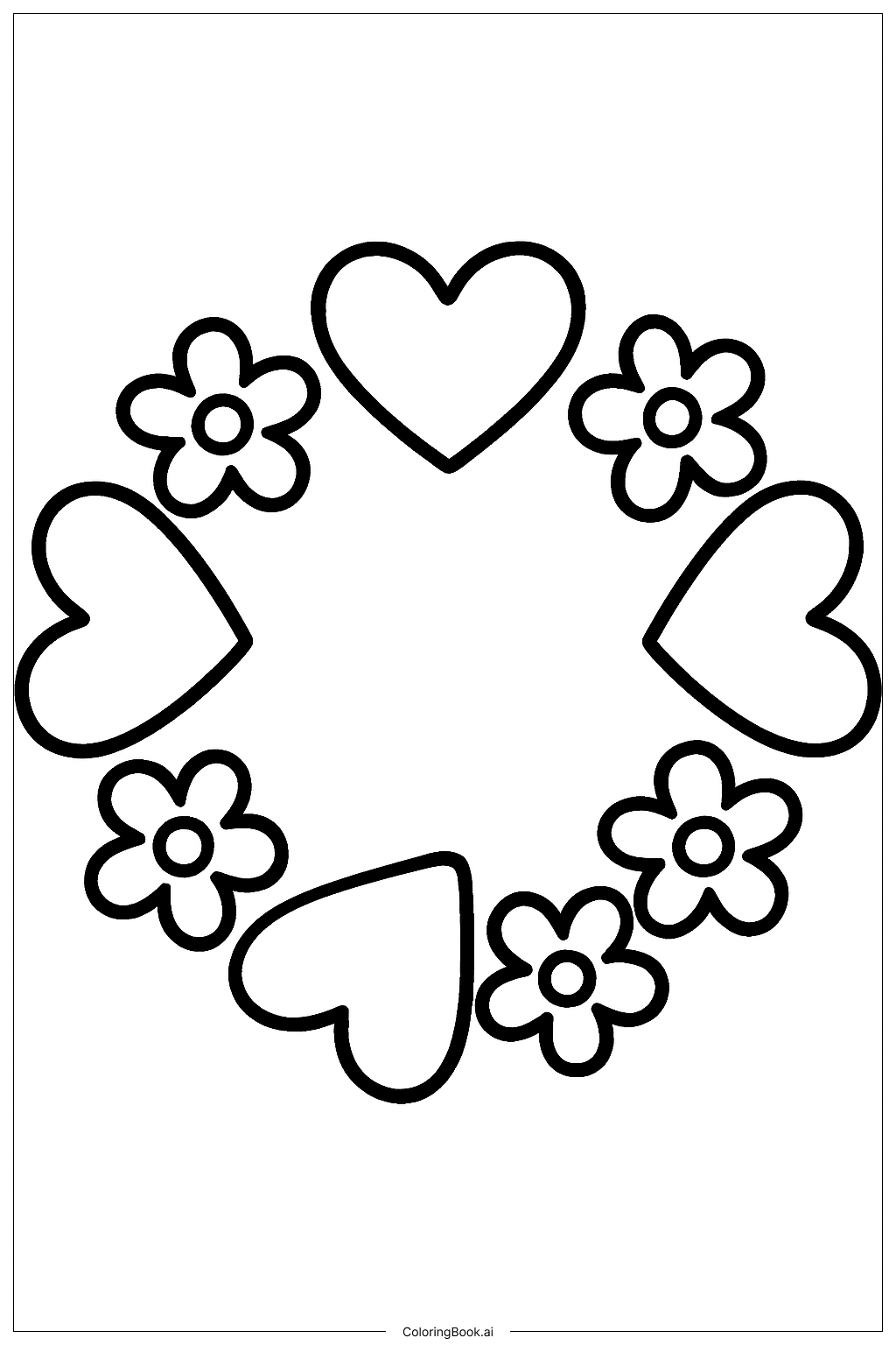  A Simple Wreath Of Hearts and Flowers Coloring Page 