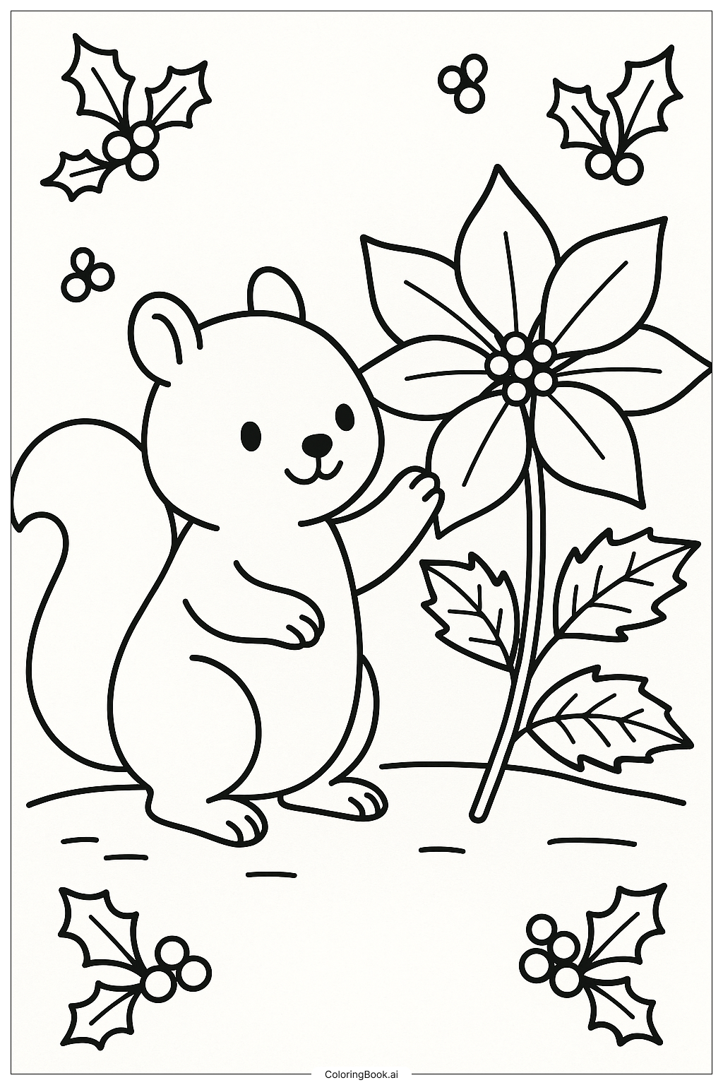 Poinsettia Greeting A Squirrel Coloring Page