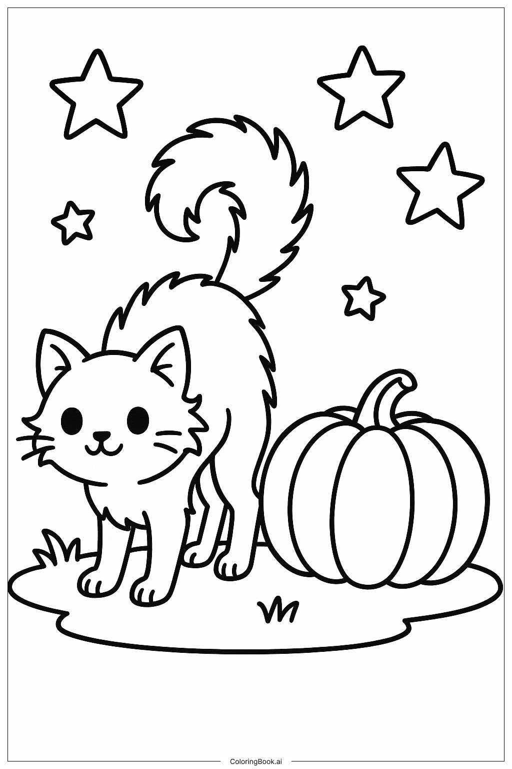  Eine Katze, die sich zu Halloween 2025 den Rücken krümmt Ausmalseite 
