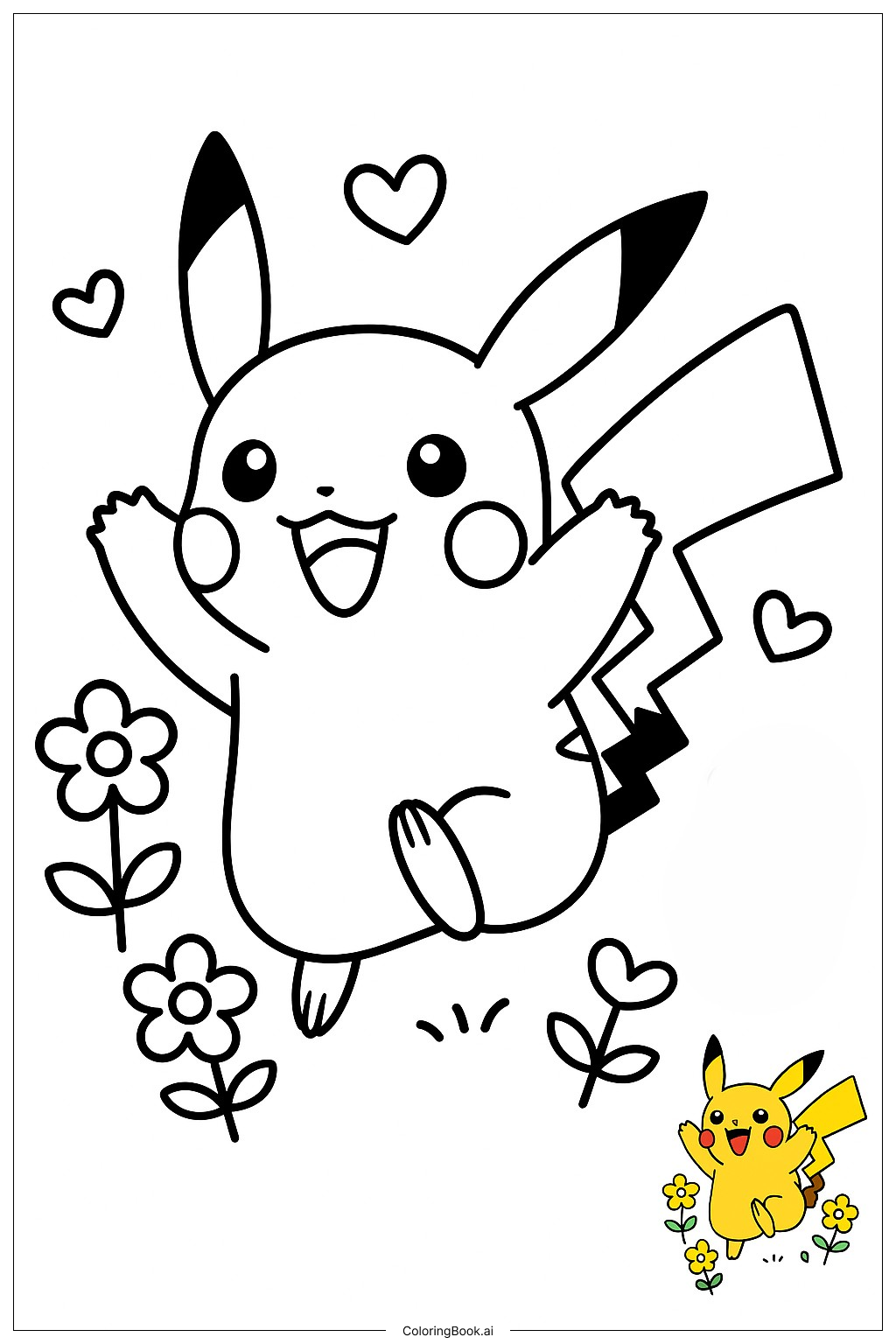  Pikachu Running Through Flower Field Coloring Page 