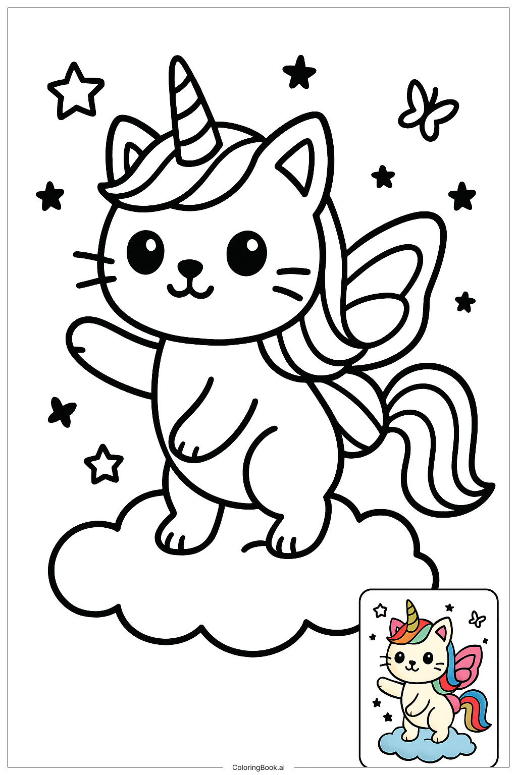  彩虹蝴蝶独角兽小猫在云朵上填色页 