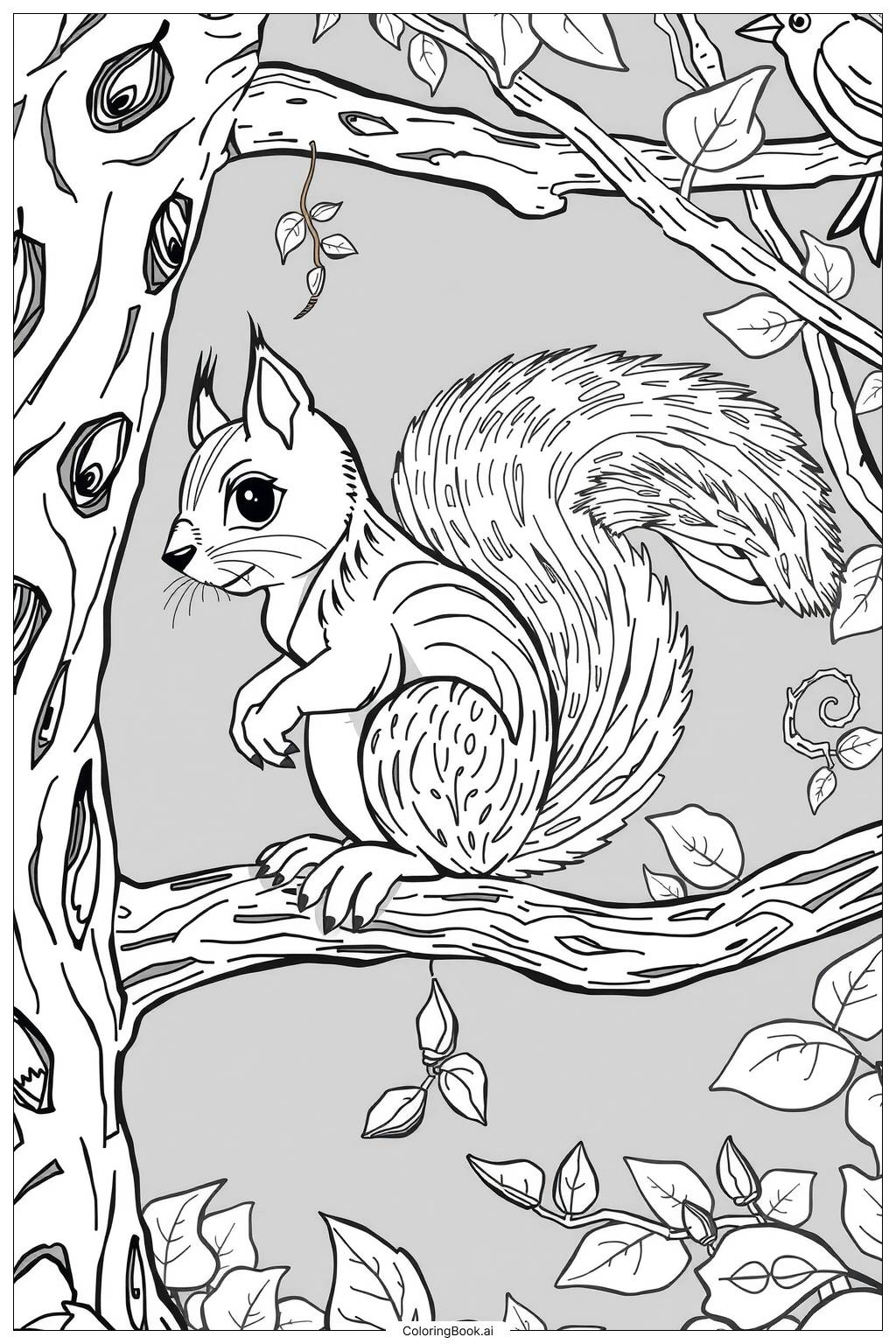  Squirrel and a Bird Friend Coloring Page 