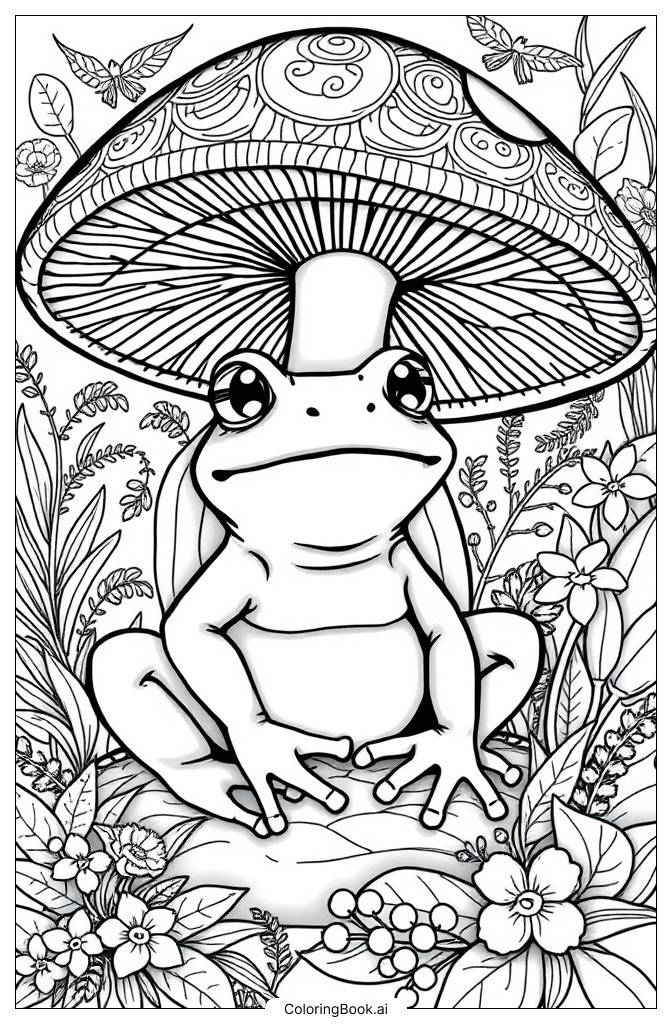  Page de coloriage Grenouille sous un champignon 