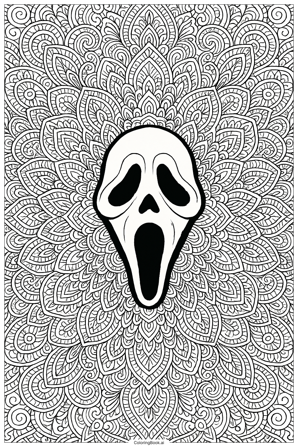  Página para colorear de Patrón Intrincado de Mandala con Máscara de Ghostface 