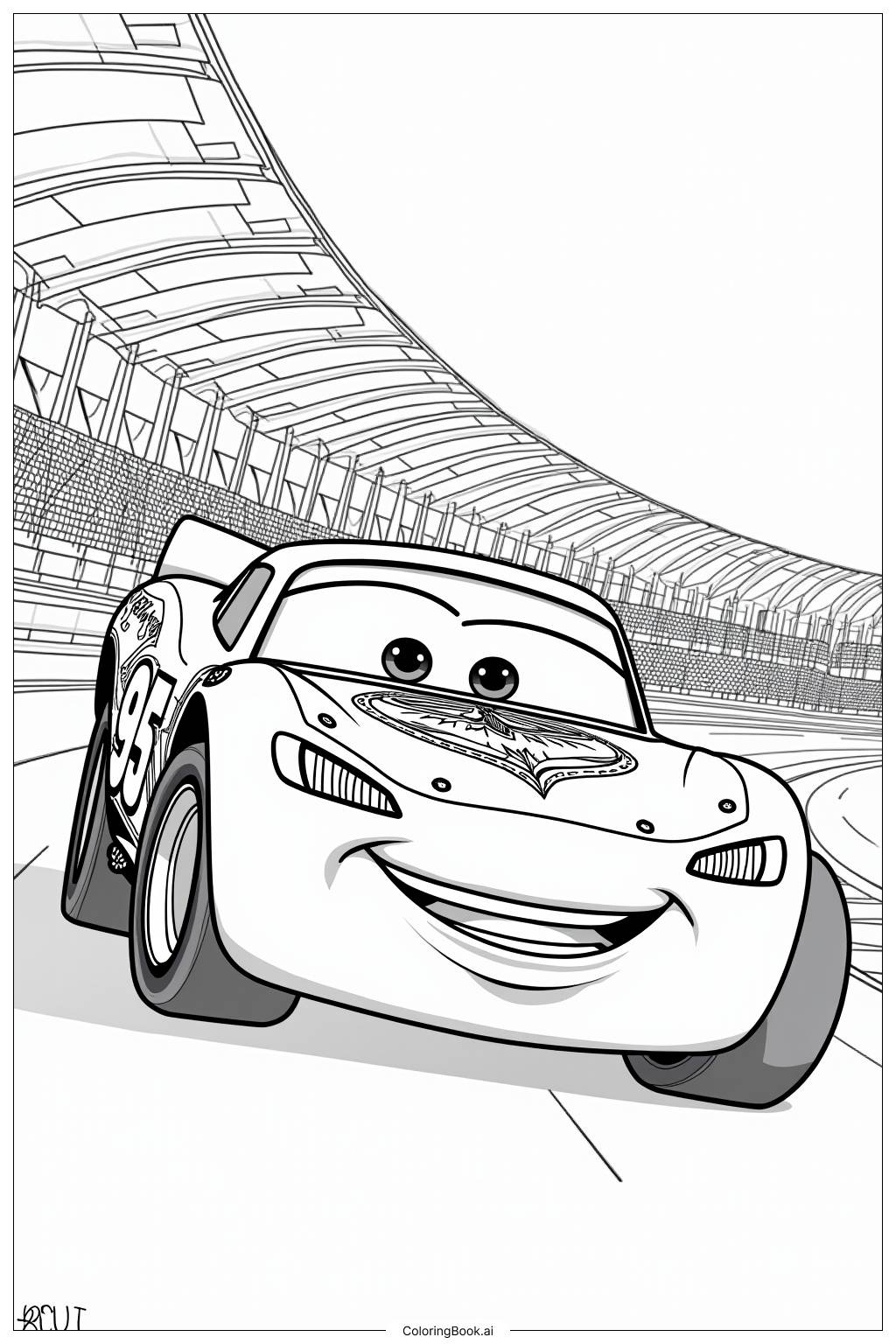  Página para colorear de Rayo McQueen Explorando una Nueva Pista de Carreras 