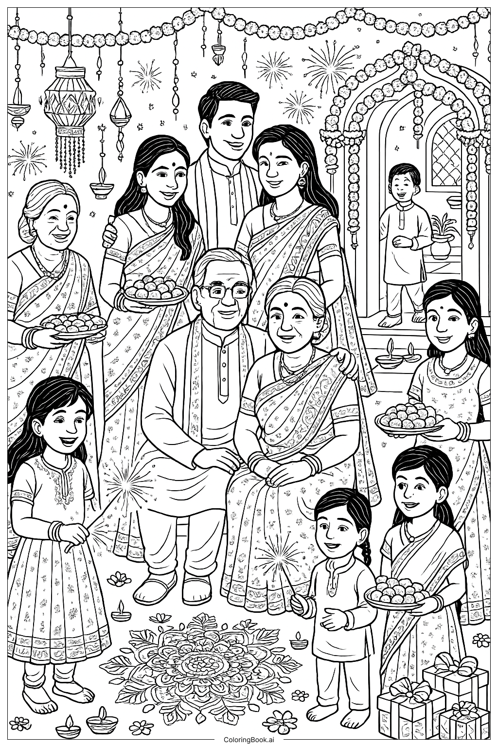 Trang tô màu Lễ hội Diwali Gia đình lớn
