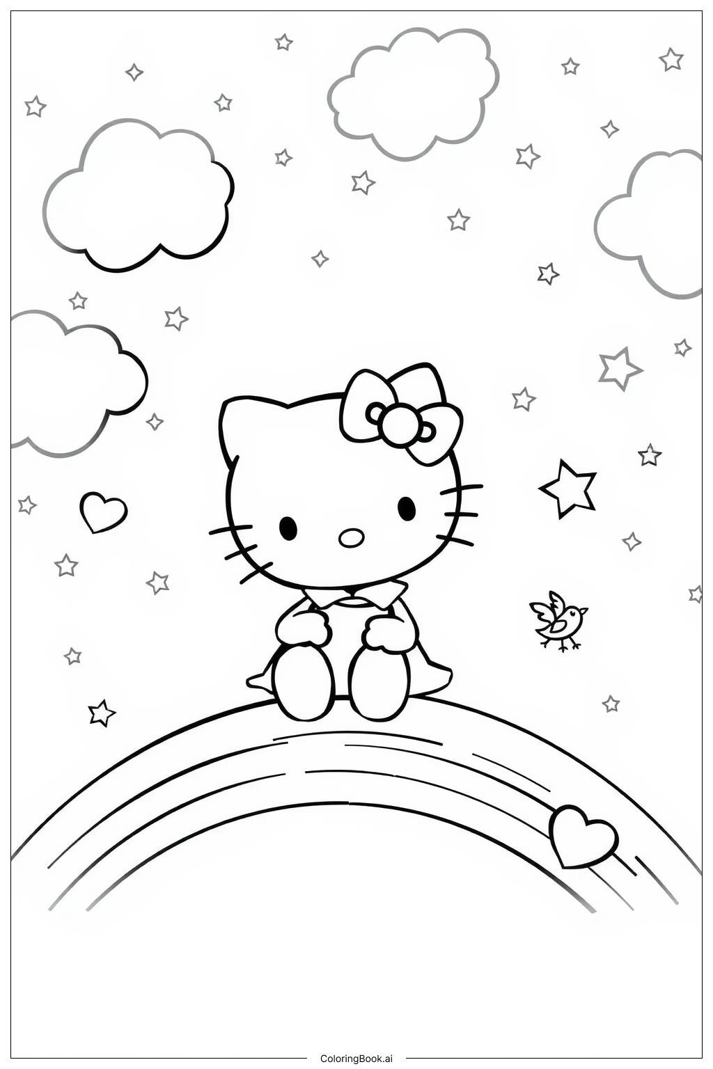  Page de coloriage hello kitty assise sur un arc-en-ciel-2 