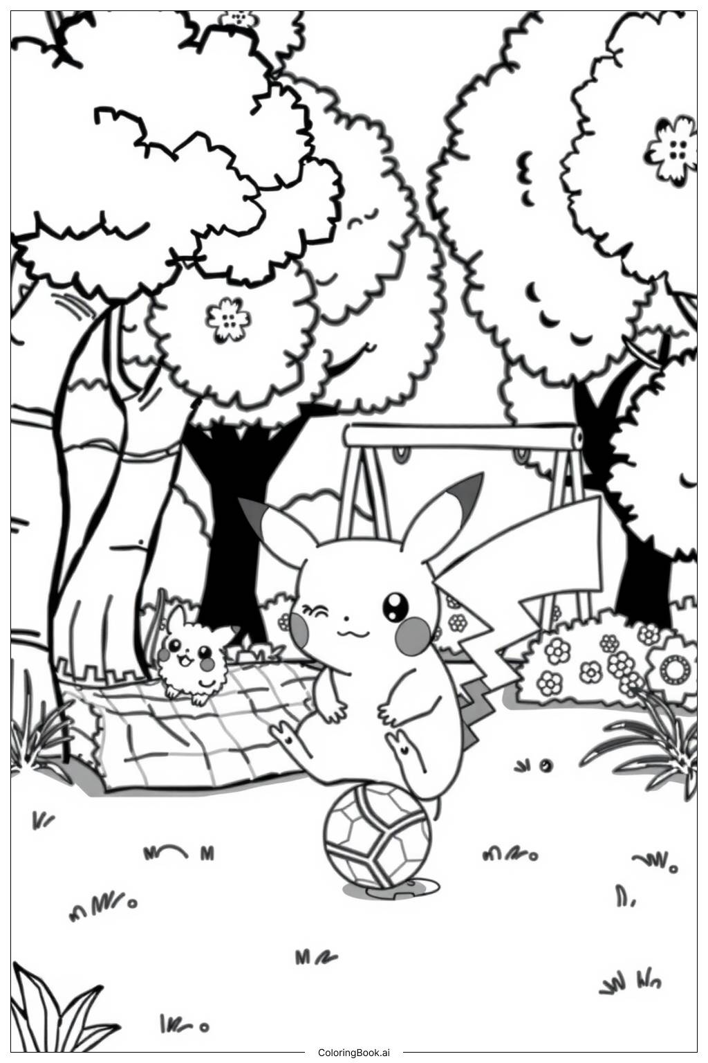  Pikachu Playing in the Park Coloring Page 