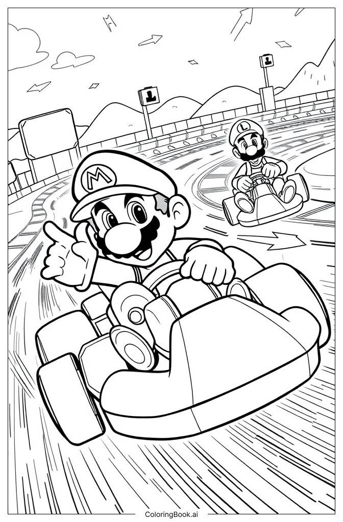  Mario and Friends Racing in Mario Kart Wii-2 Coloring Page 