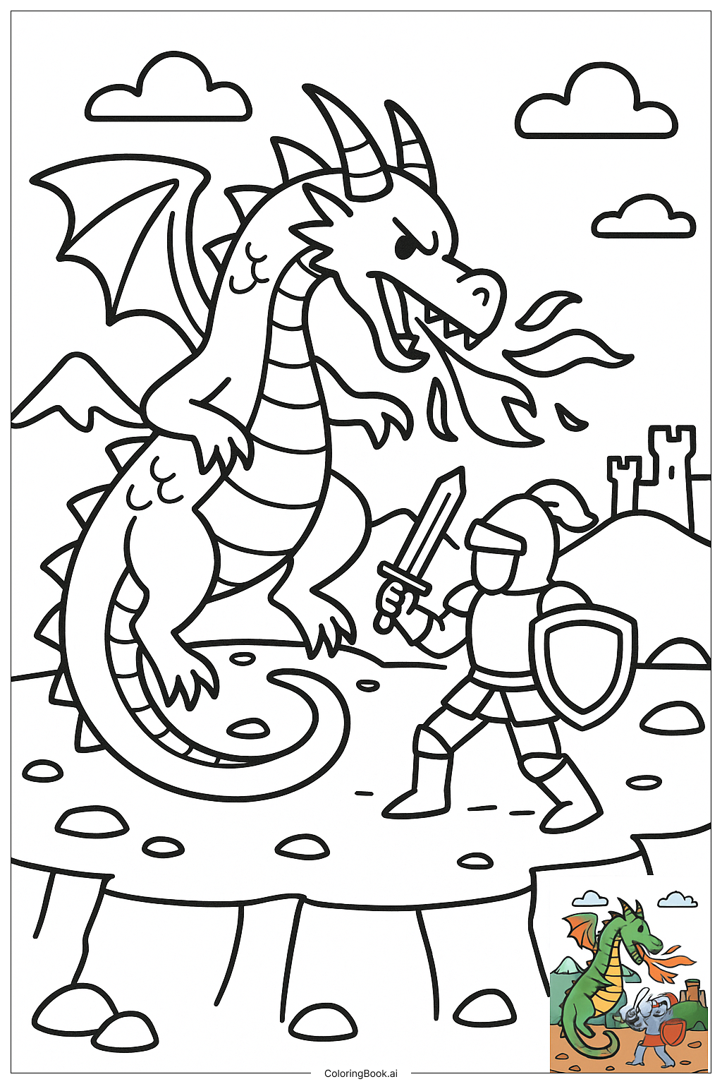  ドラゴンと騎士の壮絶な戦いの塗り絵ページ 