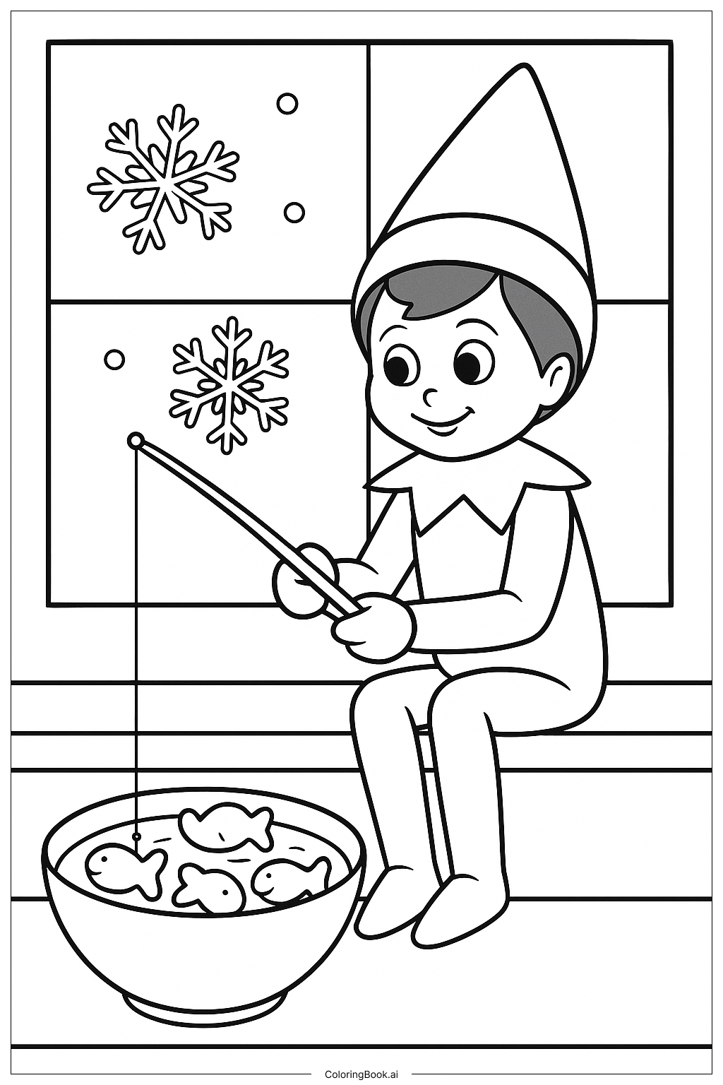  Página para colorir de Elfo na Prateleira Pescando Biscoitos Goldfish 