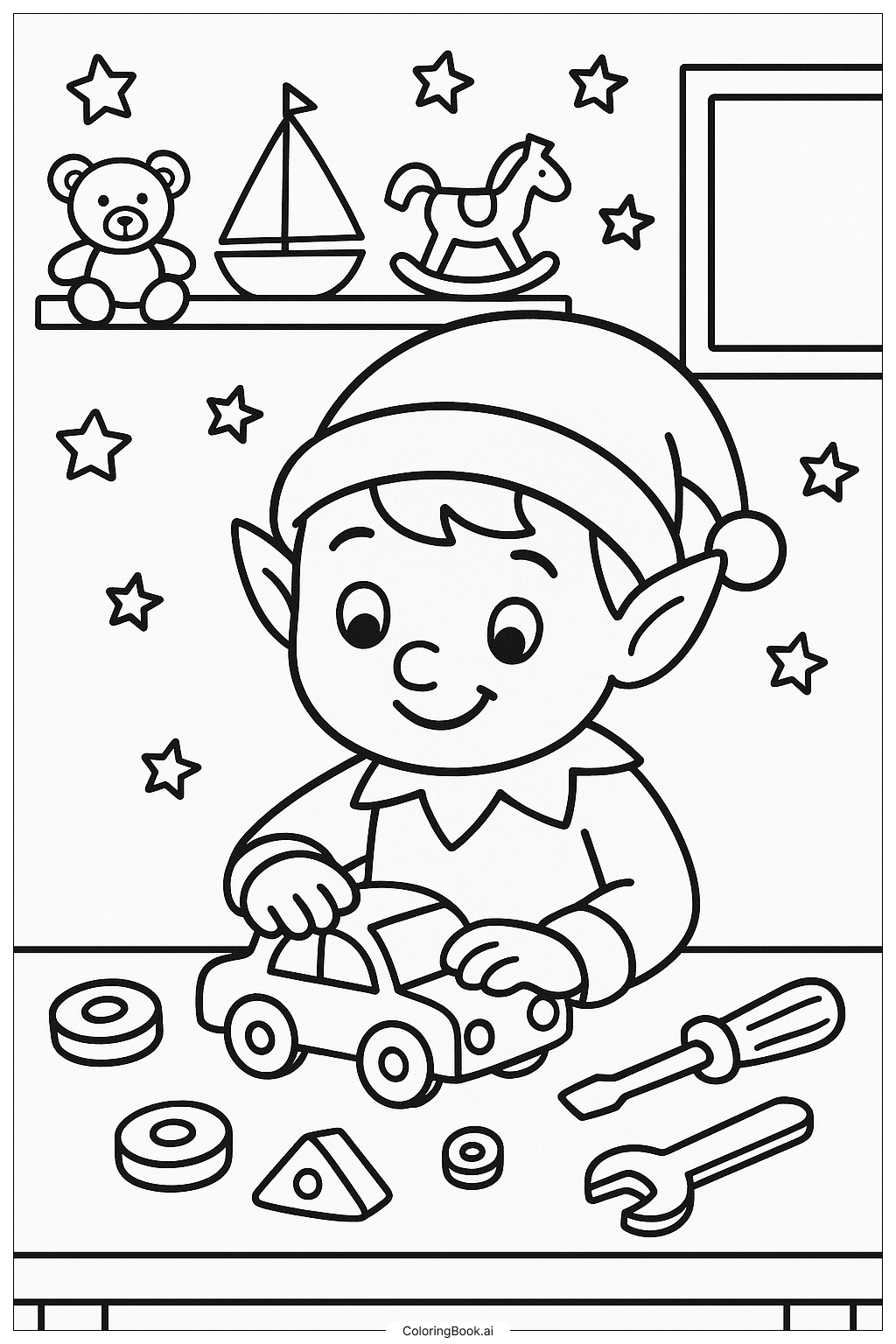  Página para colorir de Elfo Construindo um Carrinho de Brinquedo 