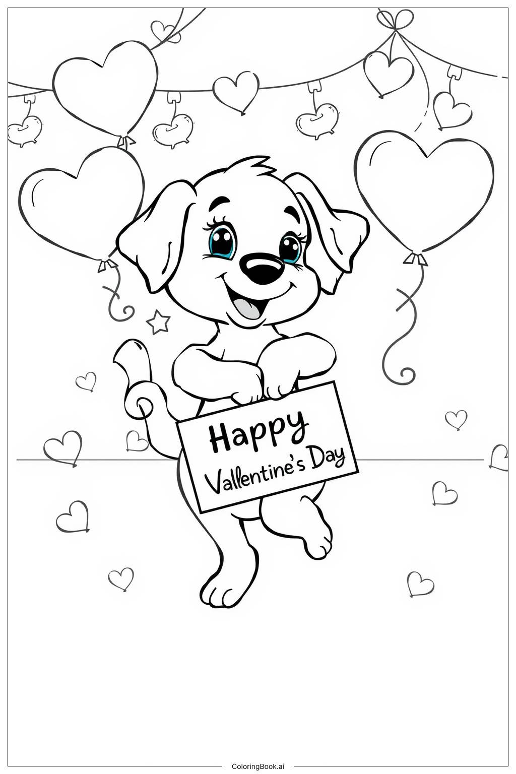  Page de coloriage Danse de Chiot pour la Saint-Valentin 'Joyeuse Saint-Valentin' 