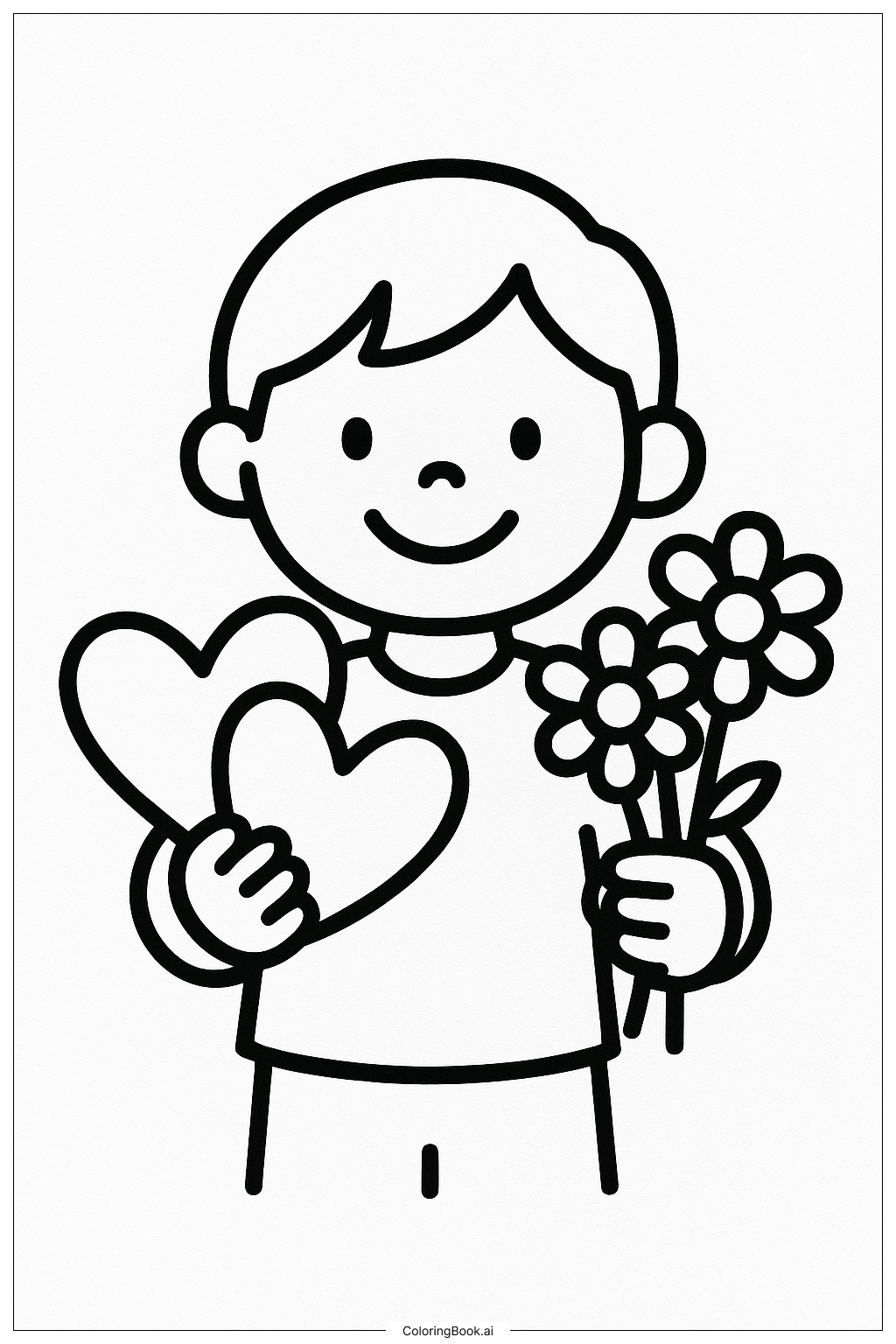  A Child Holding Hearts and Flowers Coloring Page 