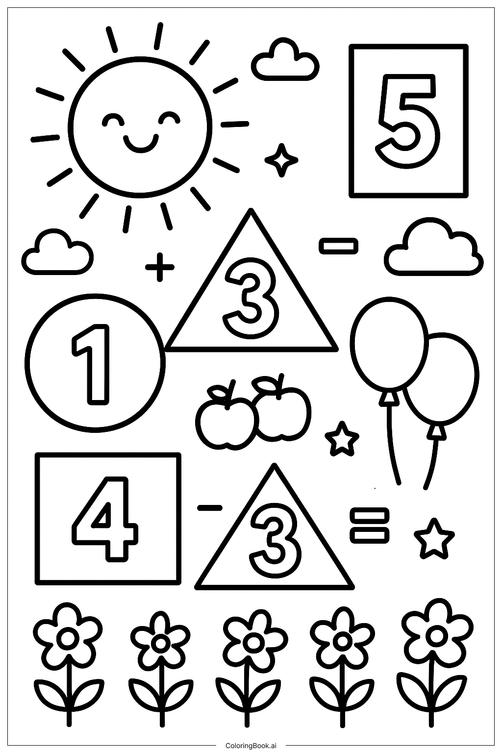  幼儿园数学图形与数字填色页 
