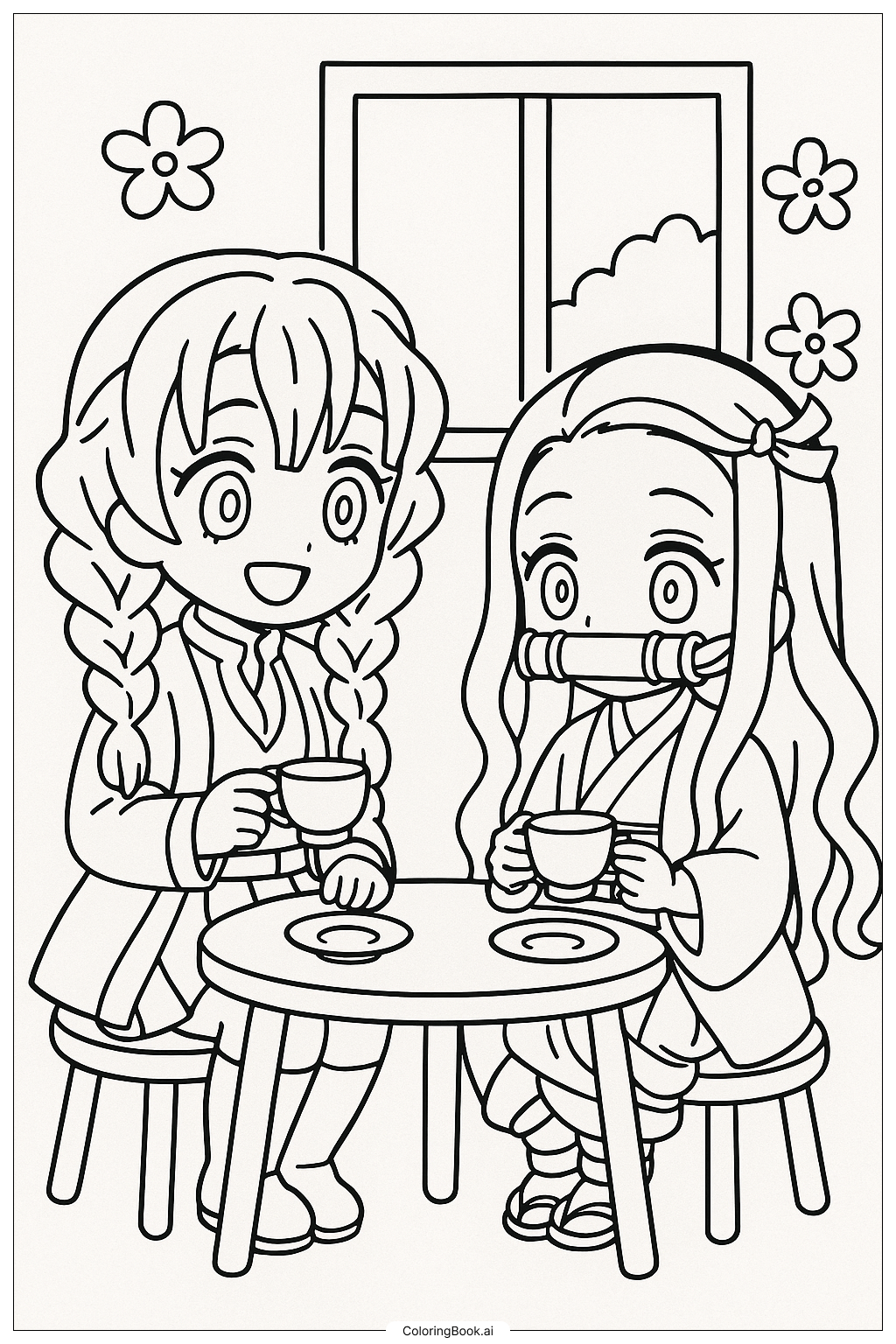 Página para colorear de Mitsuri y Nezuko Tomando Té