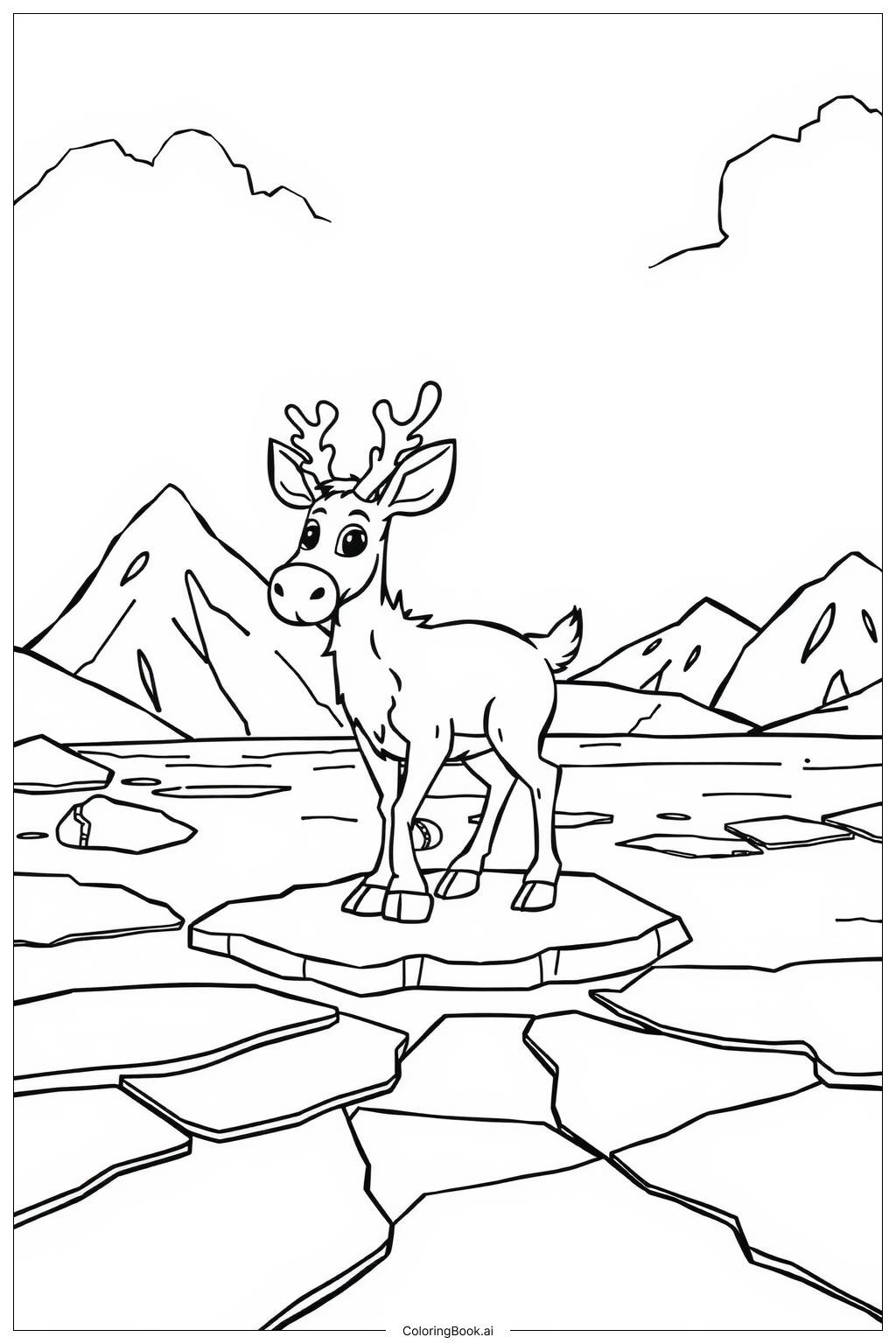  Page de coloriage rênes traversant un lac gelé 