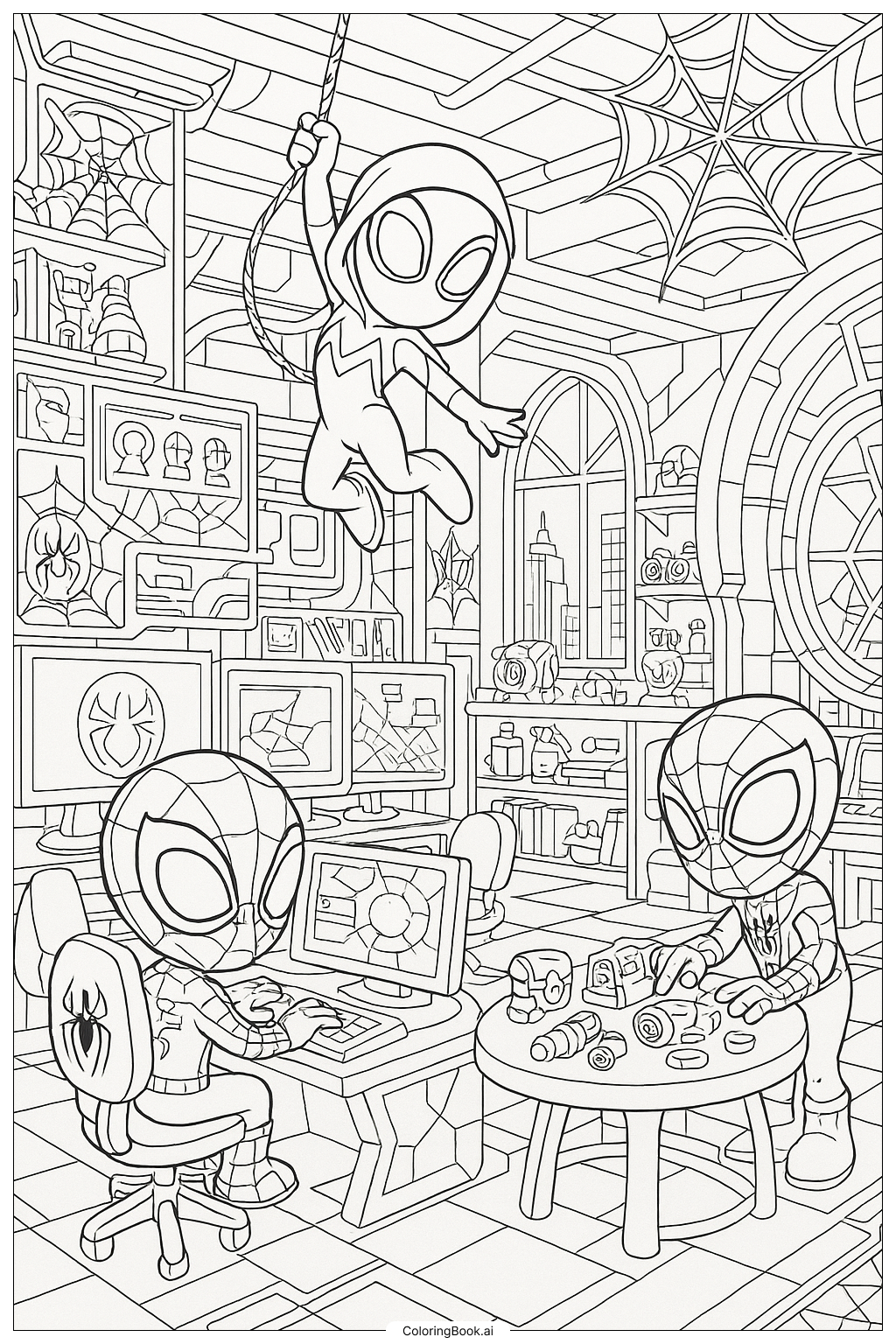  Página para colorear de Spidey y sus increíbles amigos dentro de los detallados Cuarteles WEB 