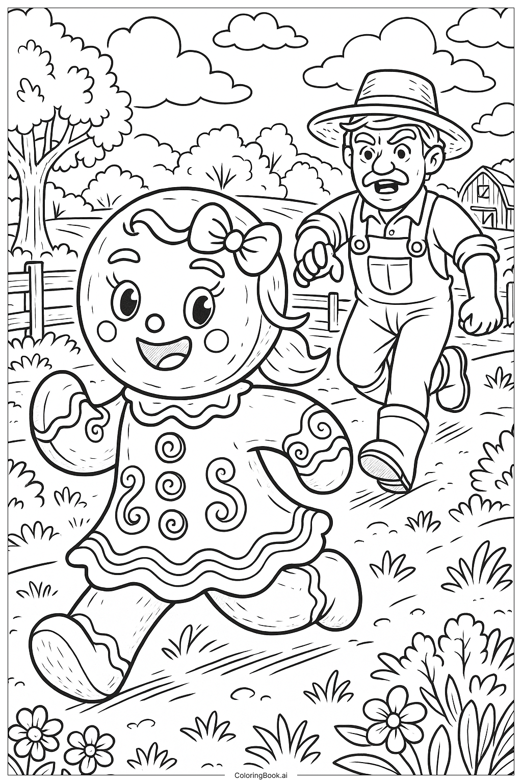  ジンジャーブレッドの女の子が農夫から逃げるの塗り絵ページ 