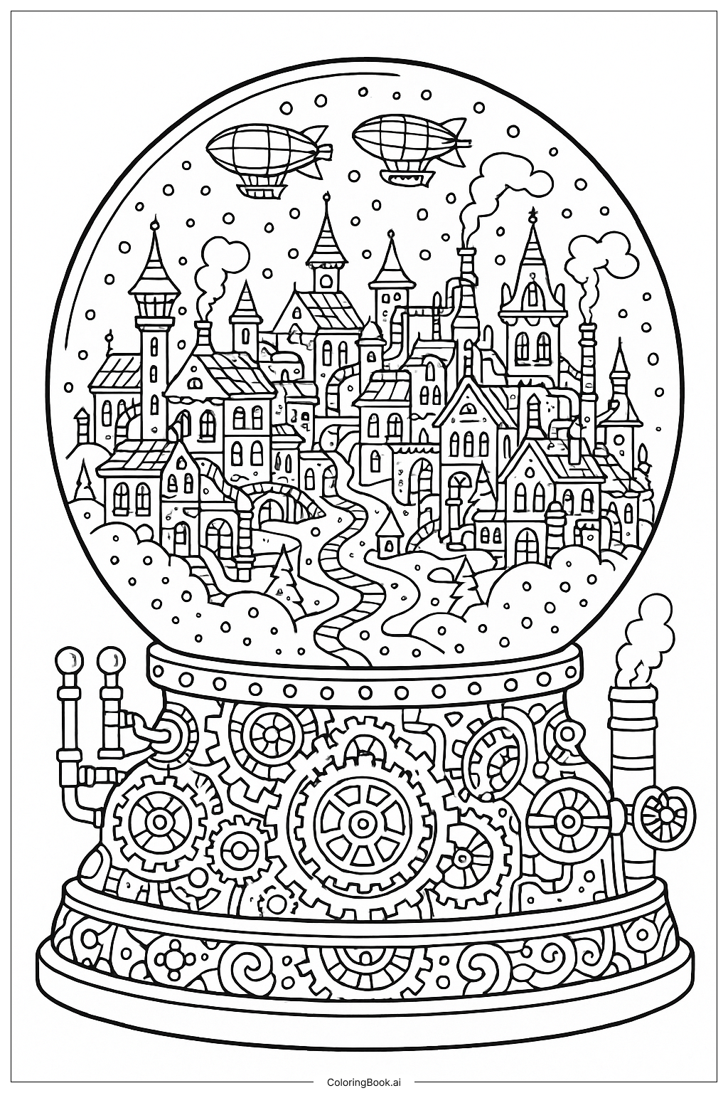 スチームパンク市街地スノーグローブの発明の塗り絵ページ