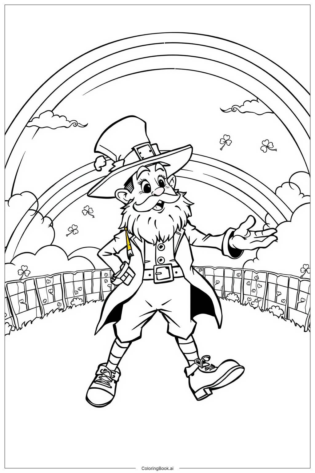  Página para colorir de Leprechaun dançando em um arco-íris-2 