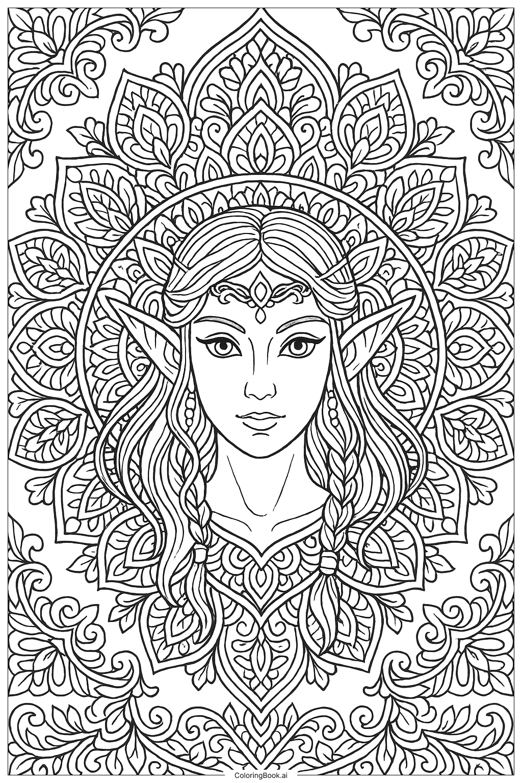  Página para colorir de Uma Mandala Intrincada com o Rosto de um Elfo 