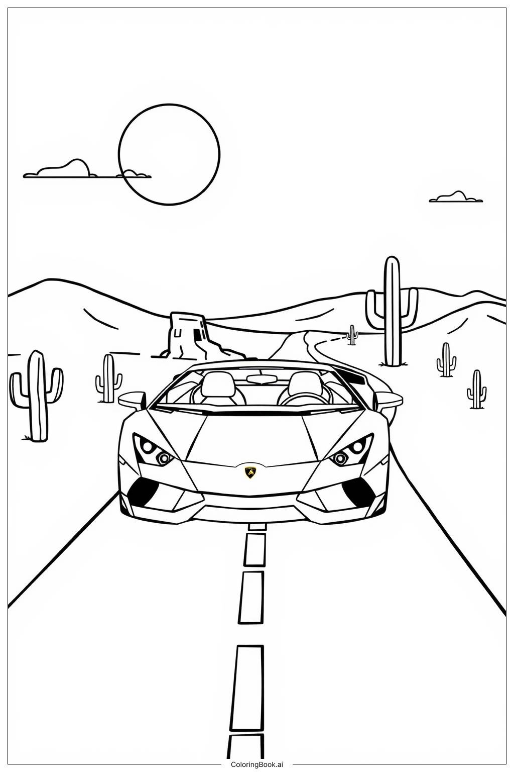  Página para colorear de Lamborghini en Carretera del Desierto 