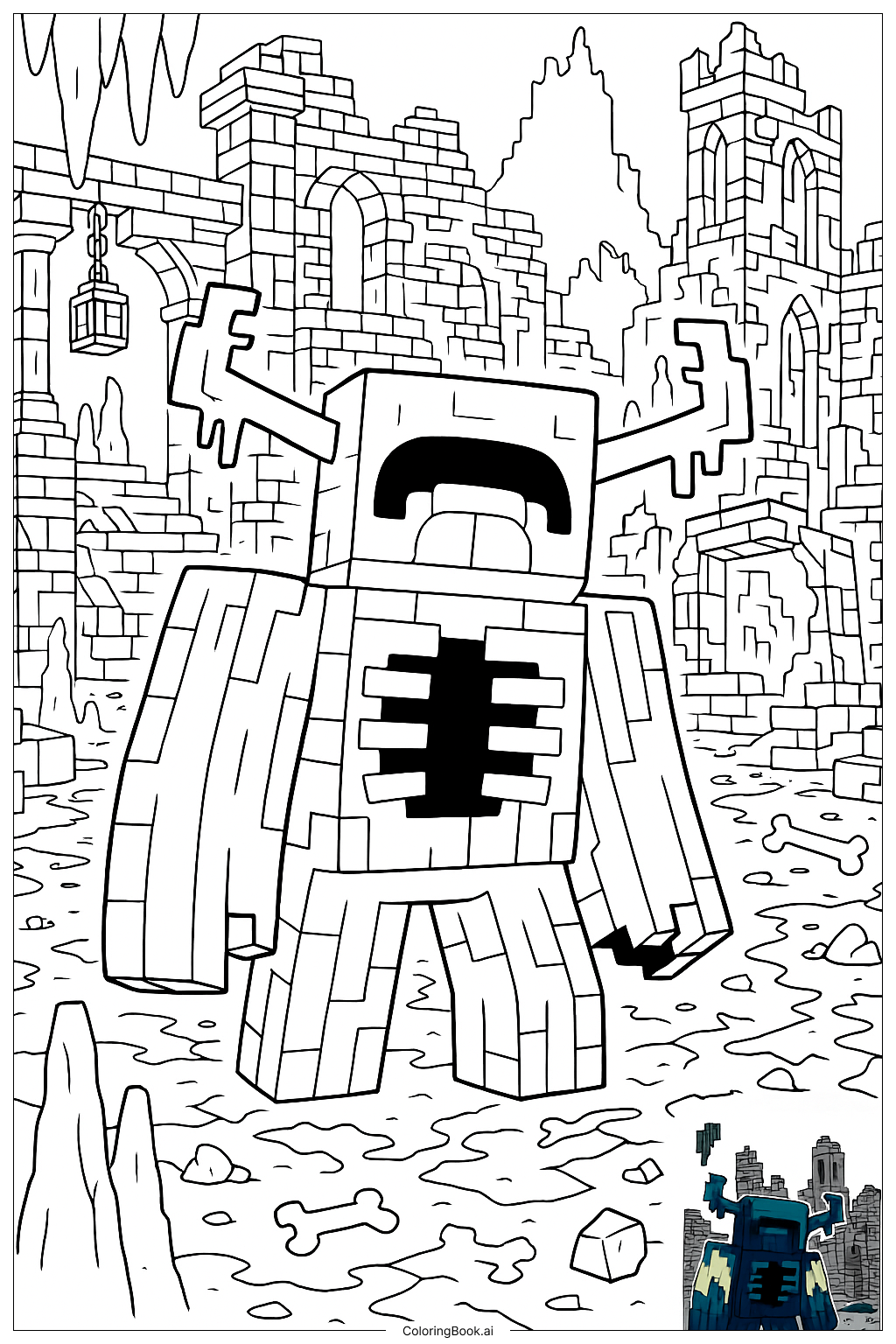 Minecraft Warden bewacht die alte Stadt Ausmalseite