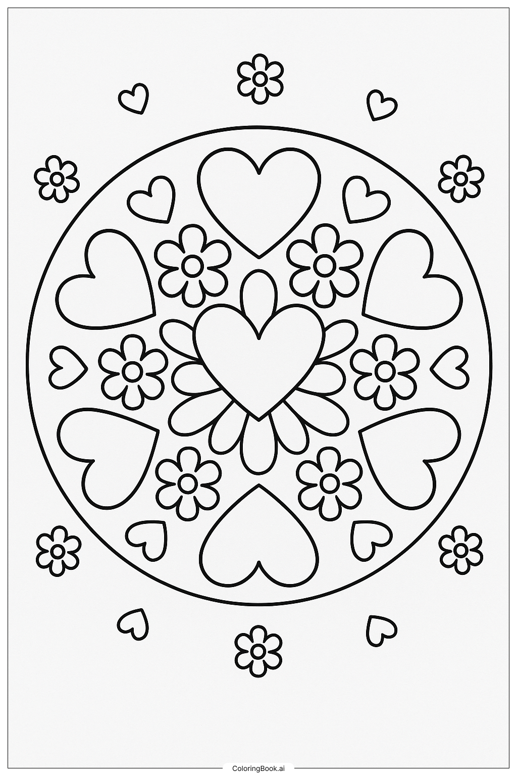  A Mandala Of Hearts and Flowers Coloring Page 