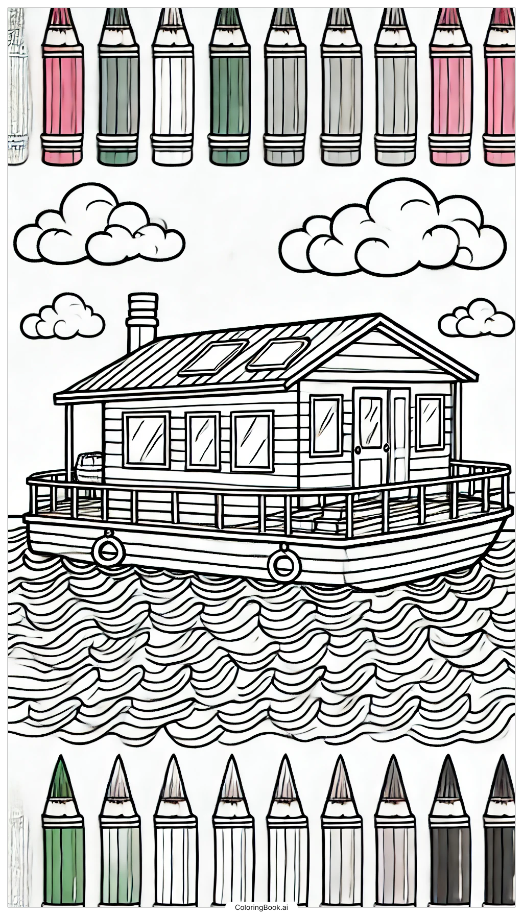 A Houseboat on the Water Coloring Page