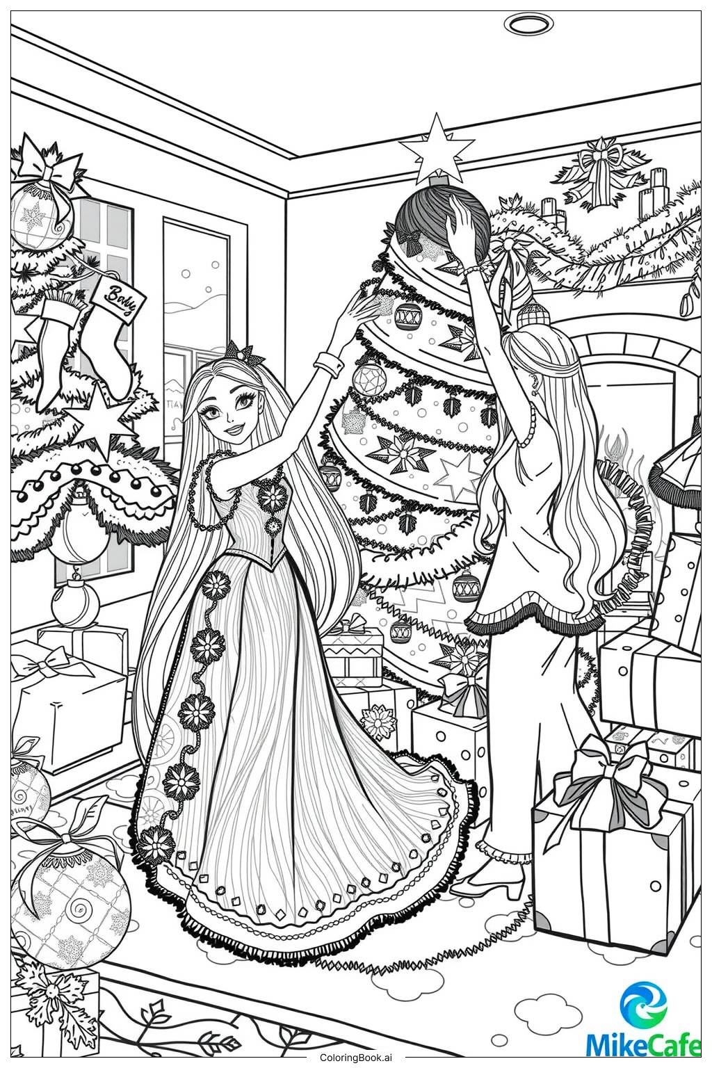  barbie christmas tree decorating with friends Coloring Page 