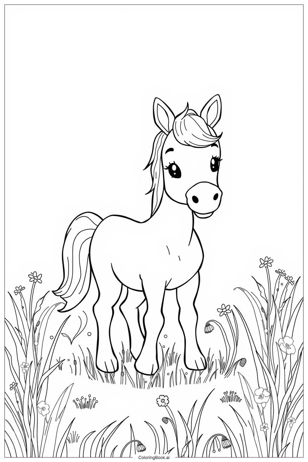  Page de coloriage Bébé cheval dans une prairie 