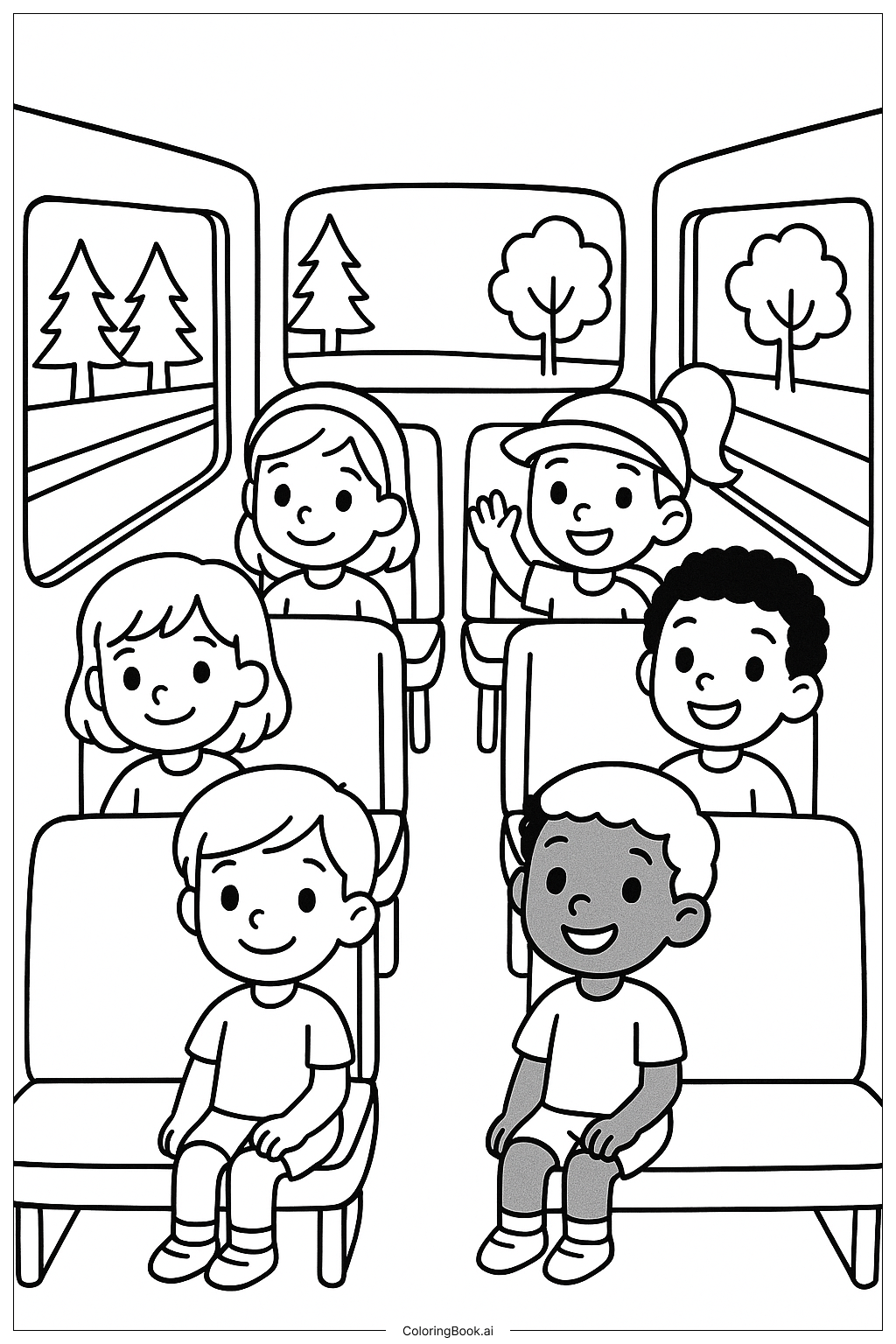  Kinder im Schulbus Ausmalseite 
