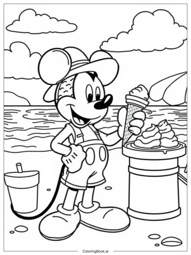  Page de coloriage Mickey Mouse Vendant de la Glace sur la Plage 