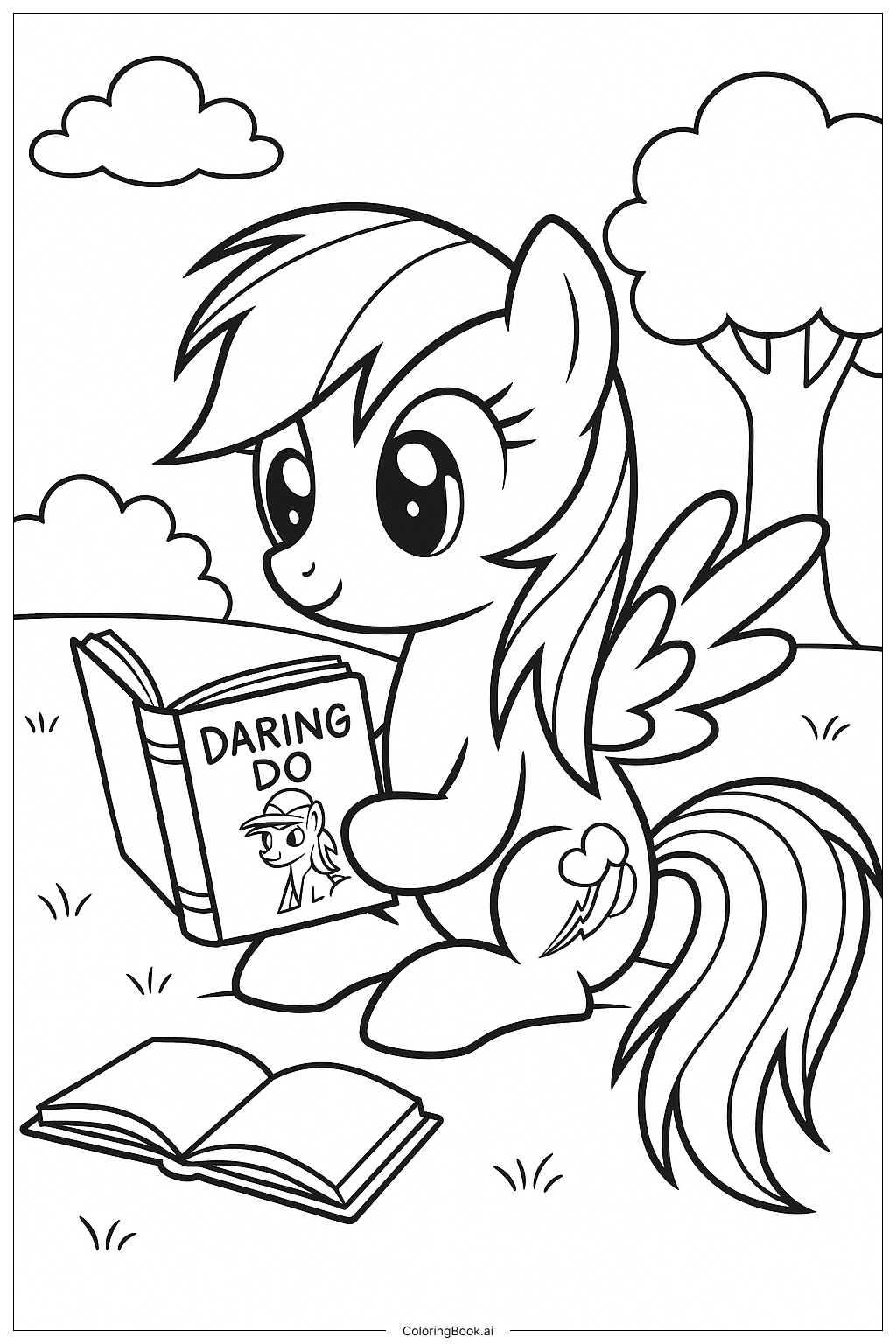  Página para colorear de Rainbow Dash Leyendo Una Aventura de Daring Do 