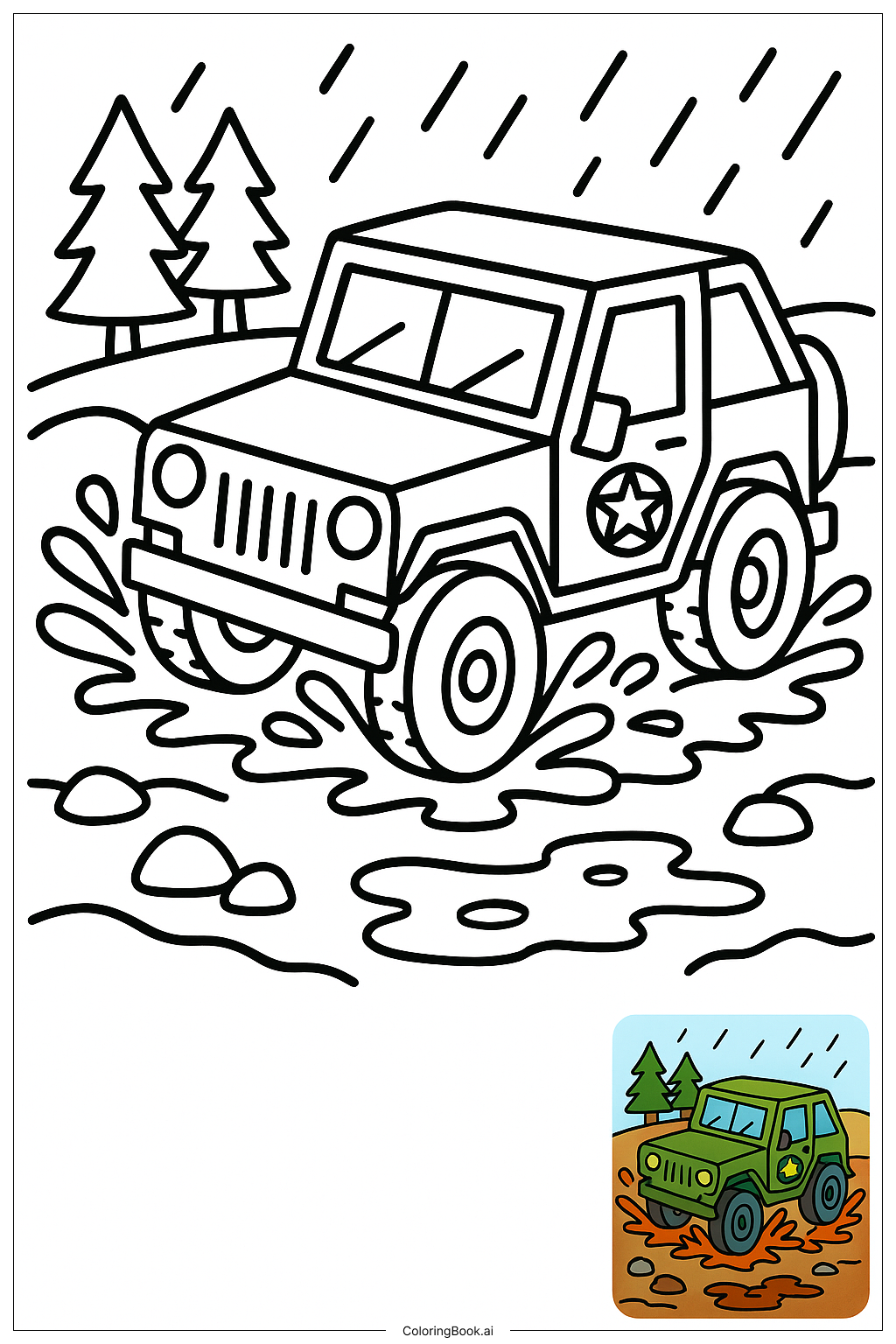  Page de coloriage Jeep de l'Armée éclaboussant de la boue 