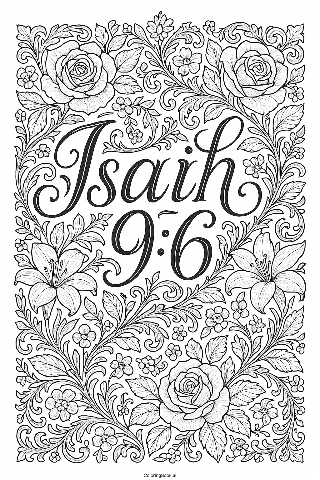  Página para colorear de Elegante Isaías 9 6 Tipografía en Marco Floral 