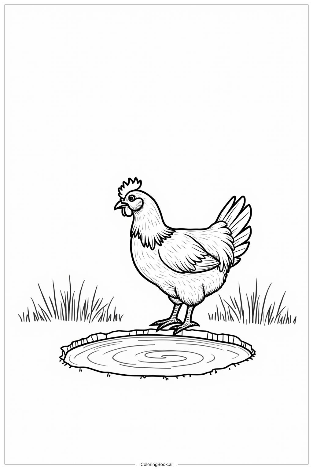  A chicken drinking water by the pond Coloring Page 