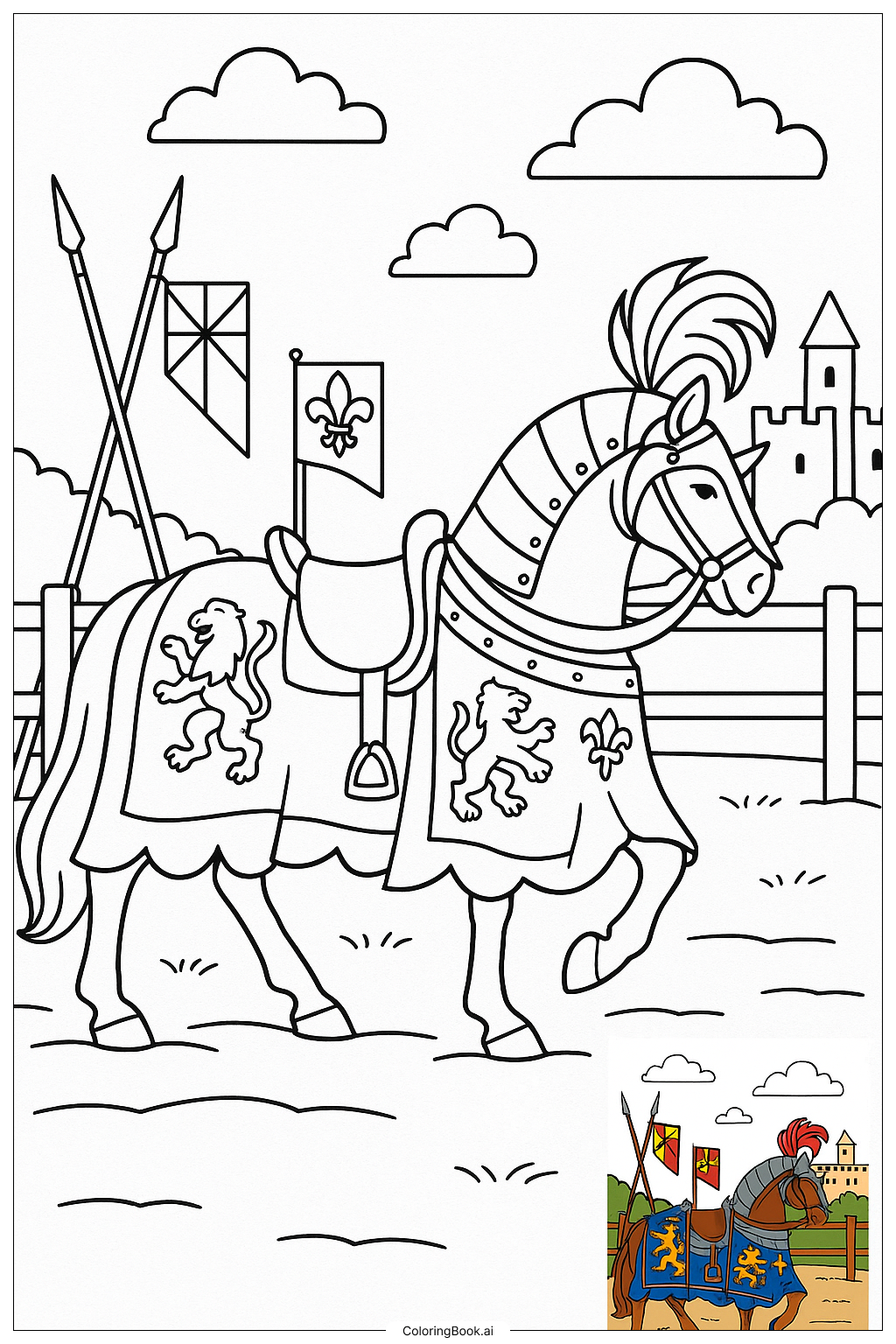  中世のトーナメントの鎧を着た馬の塗り絵ページ 