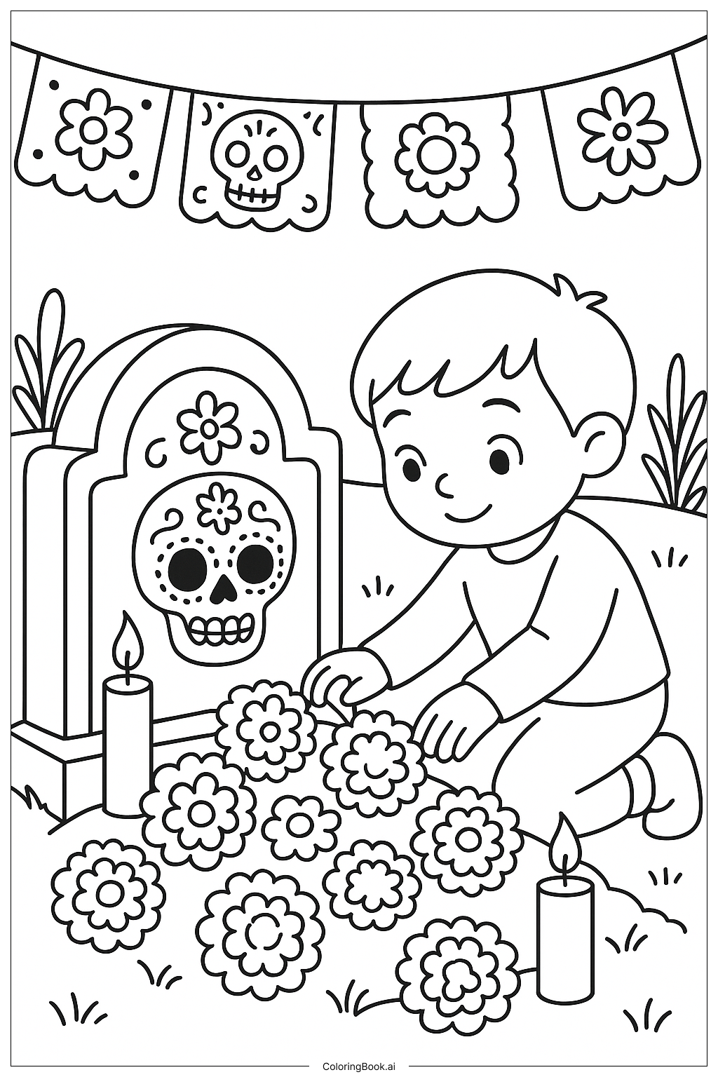  裝飾亡靈節墓地著色頁 