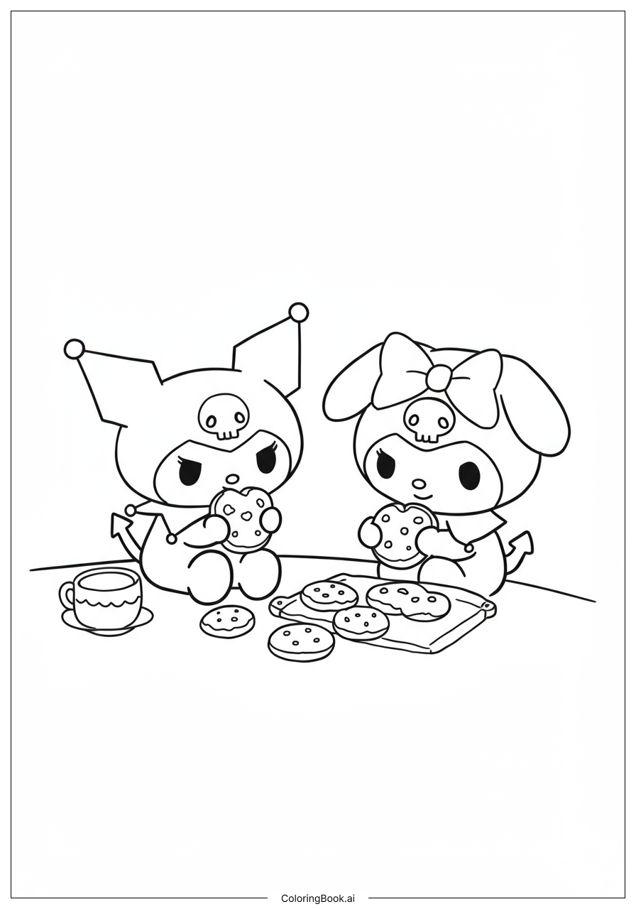  Page de coloriage Kuromi et My Melody préparant des cookies 