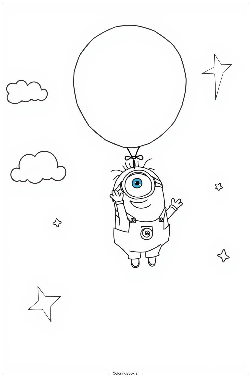  minion flying with a balloon in the sky Coloring Page 