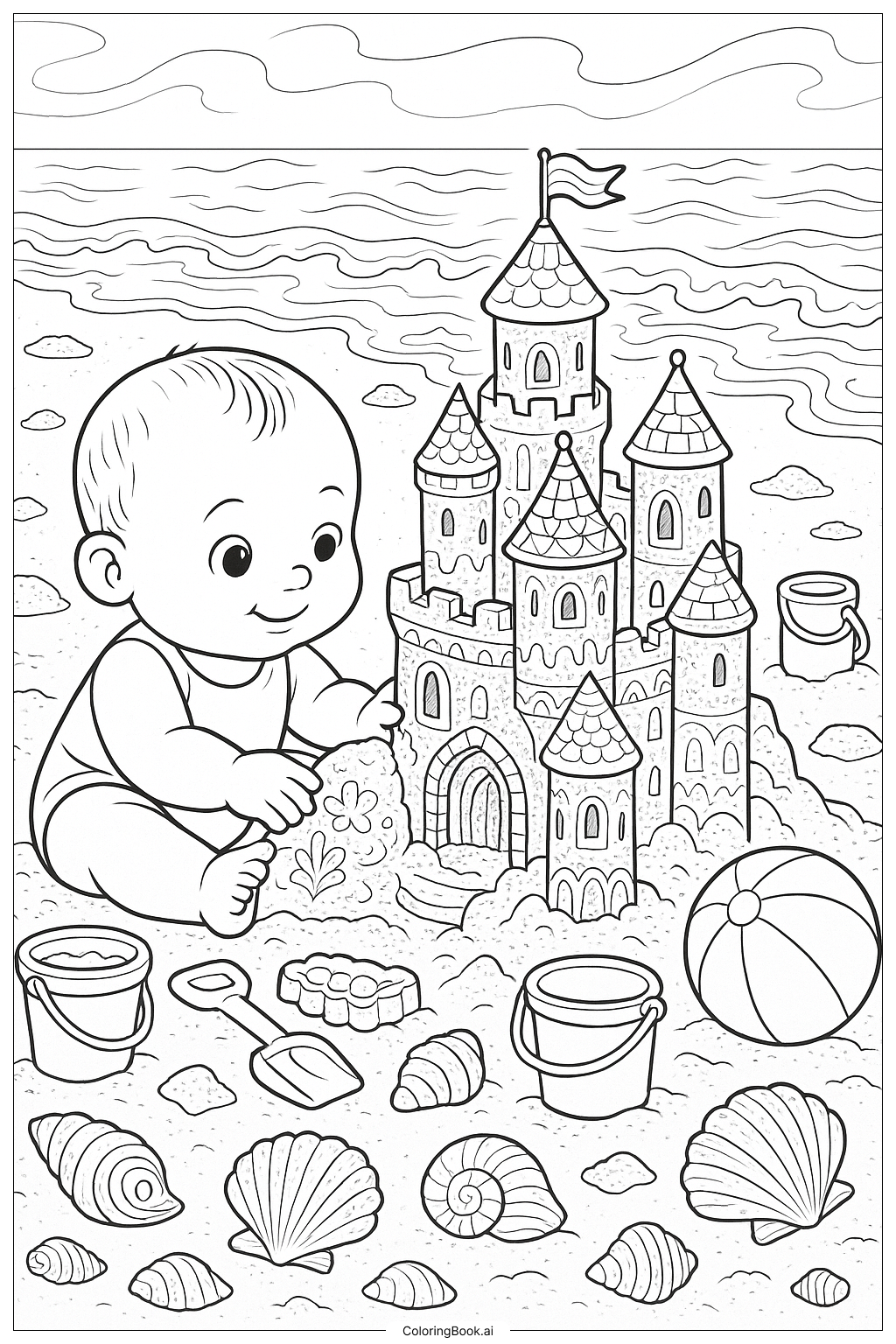  Baby On A Beach Building A Sandcastle Coloring Page 