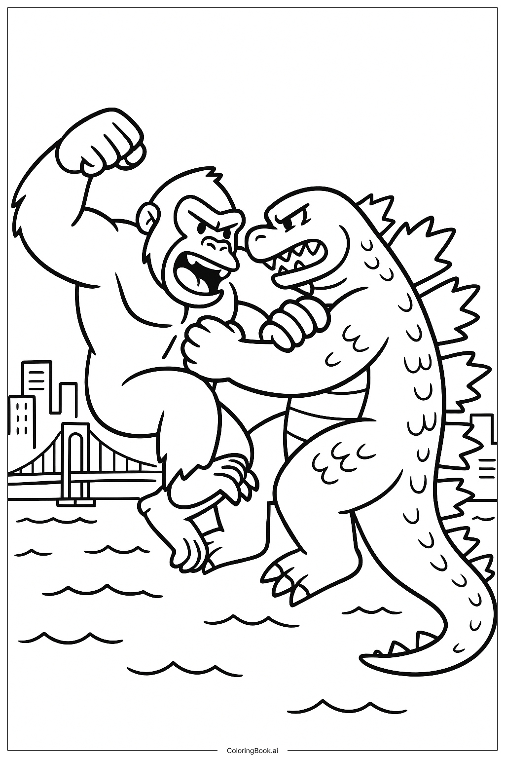  King Kong Wrestling Godzilla in Tokyo Bay Coloring Page 