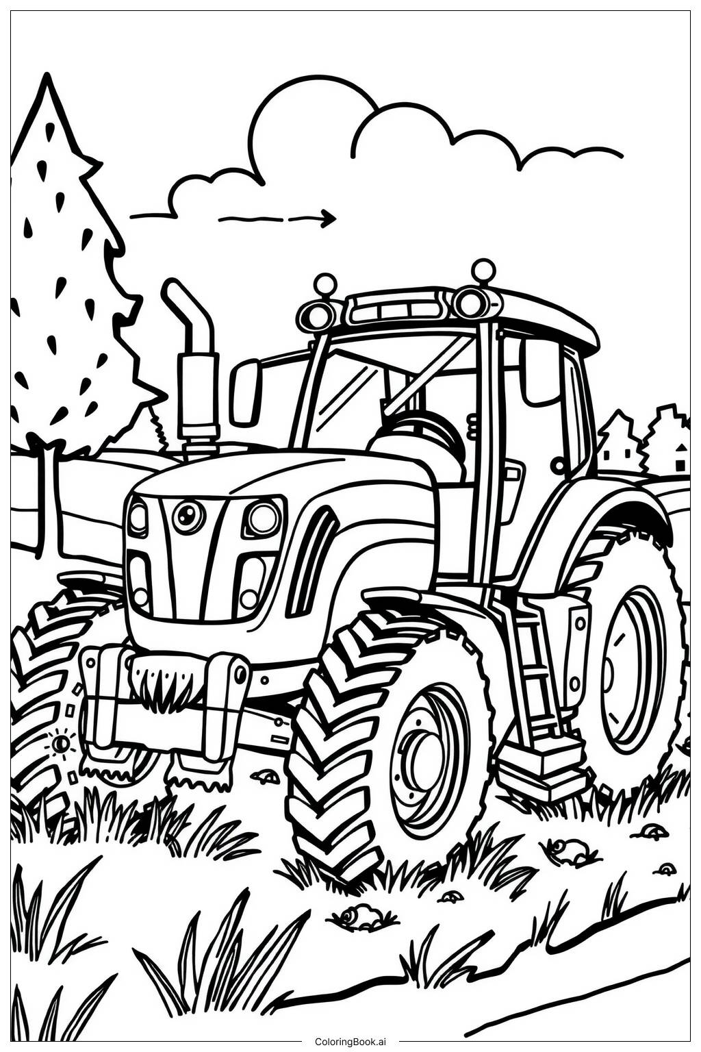  Página para colorear de Tractor de la Granja por la Mañana 