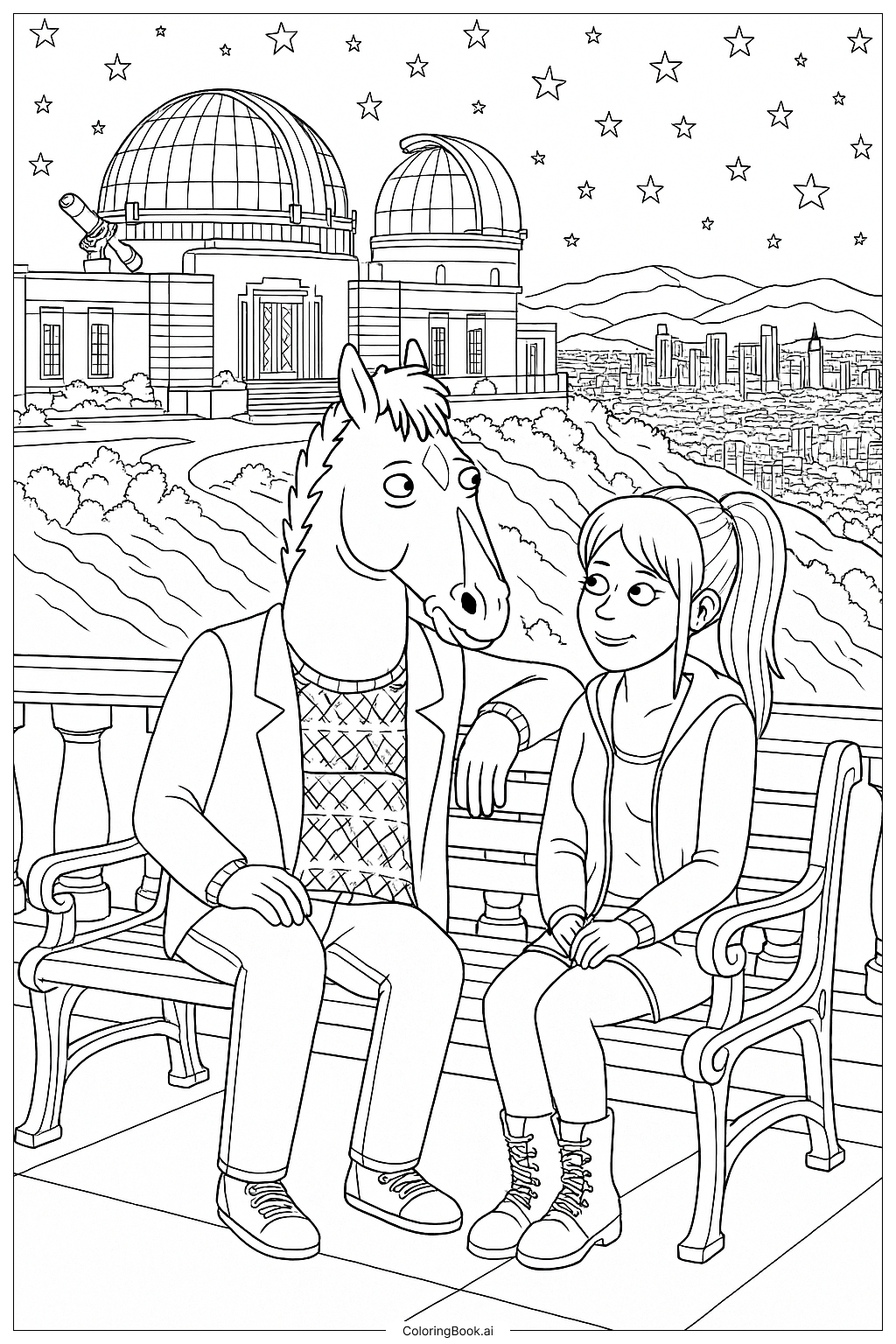  Page de coloriage Bojack Horseman et Sarah Lynn à l'Observatoire Griffith 