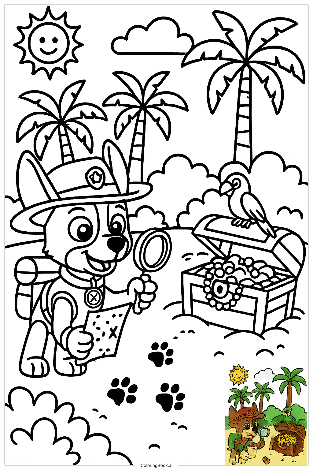  Página para colorir de Paw Patrol Tracker Encontrando Tesouro 